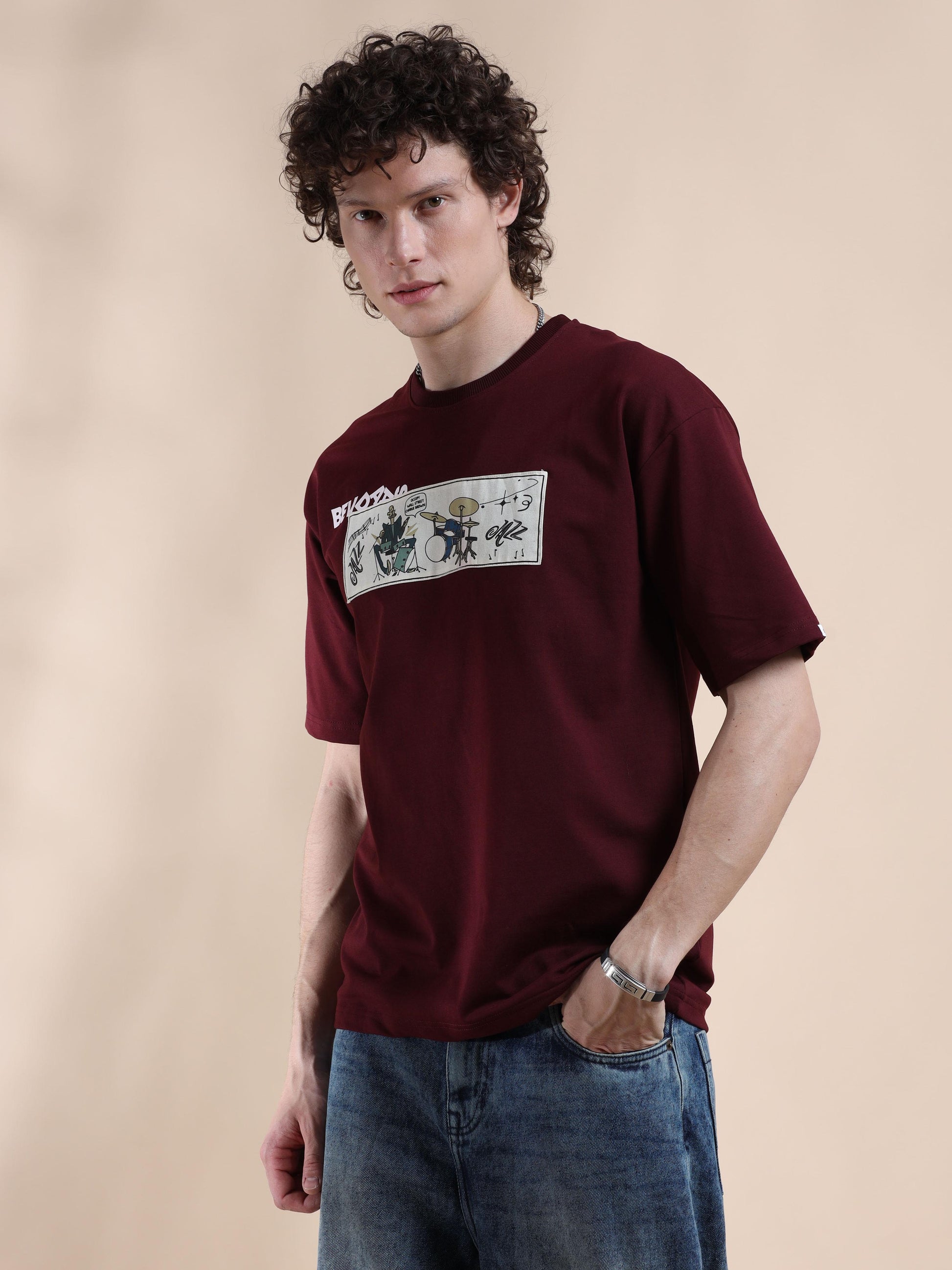 Maroon Oversized Off The Shoulder T Shirt for Men