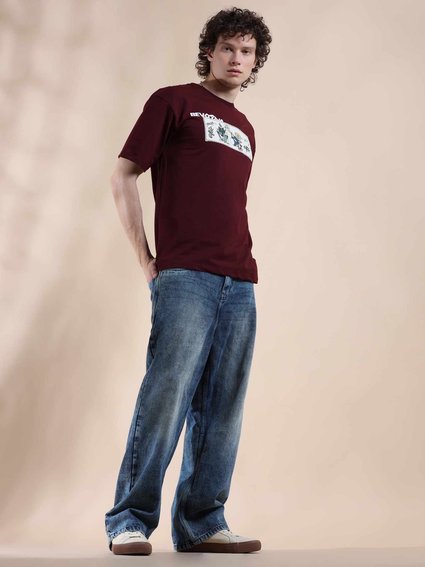 Maroon Oversized Off The Shoulder T Shirt for Men