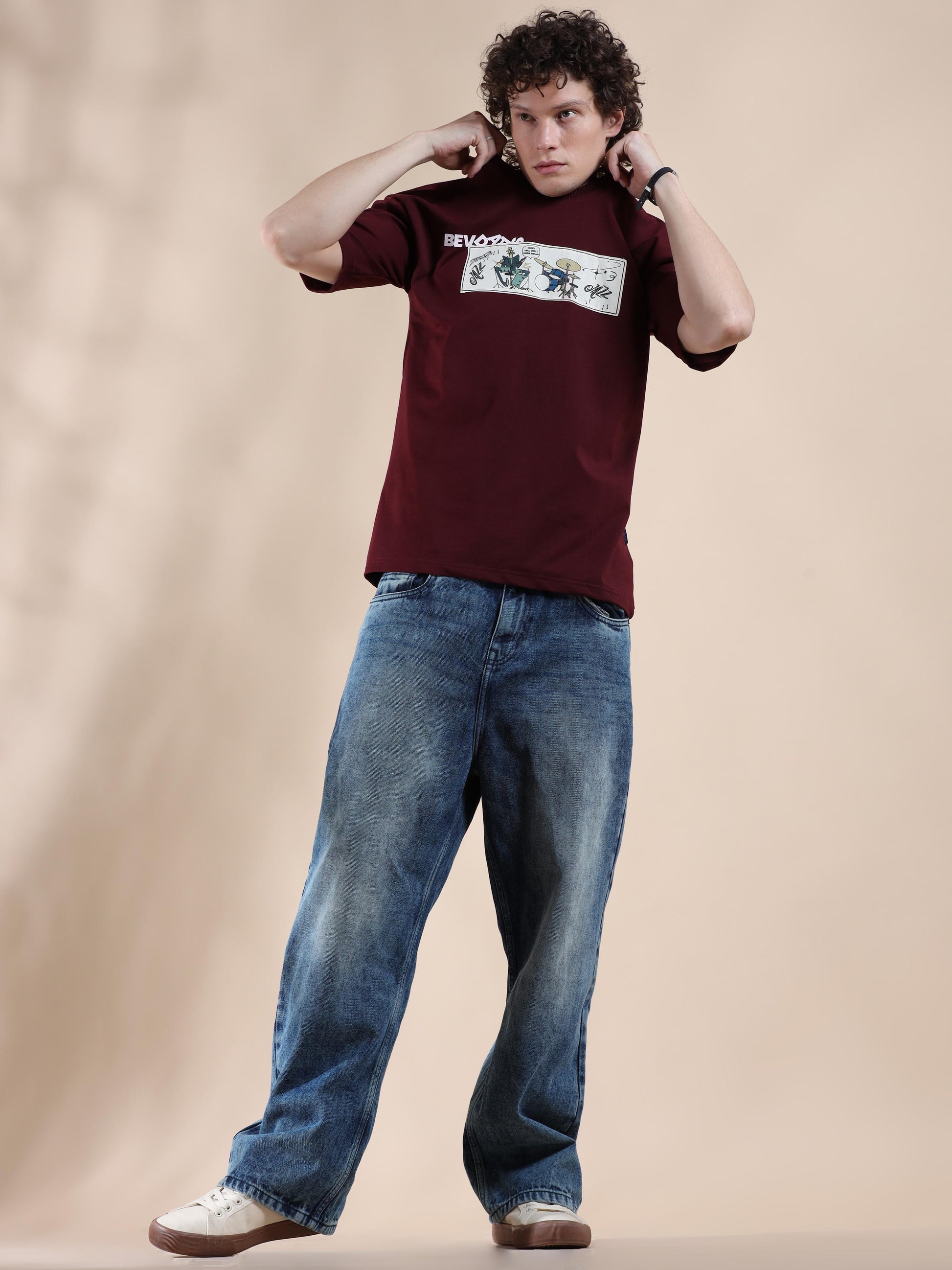 Maroon Oversized Off The Shoulder T Shirt for Men