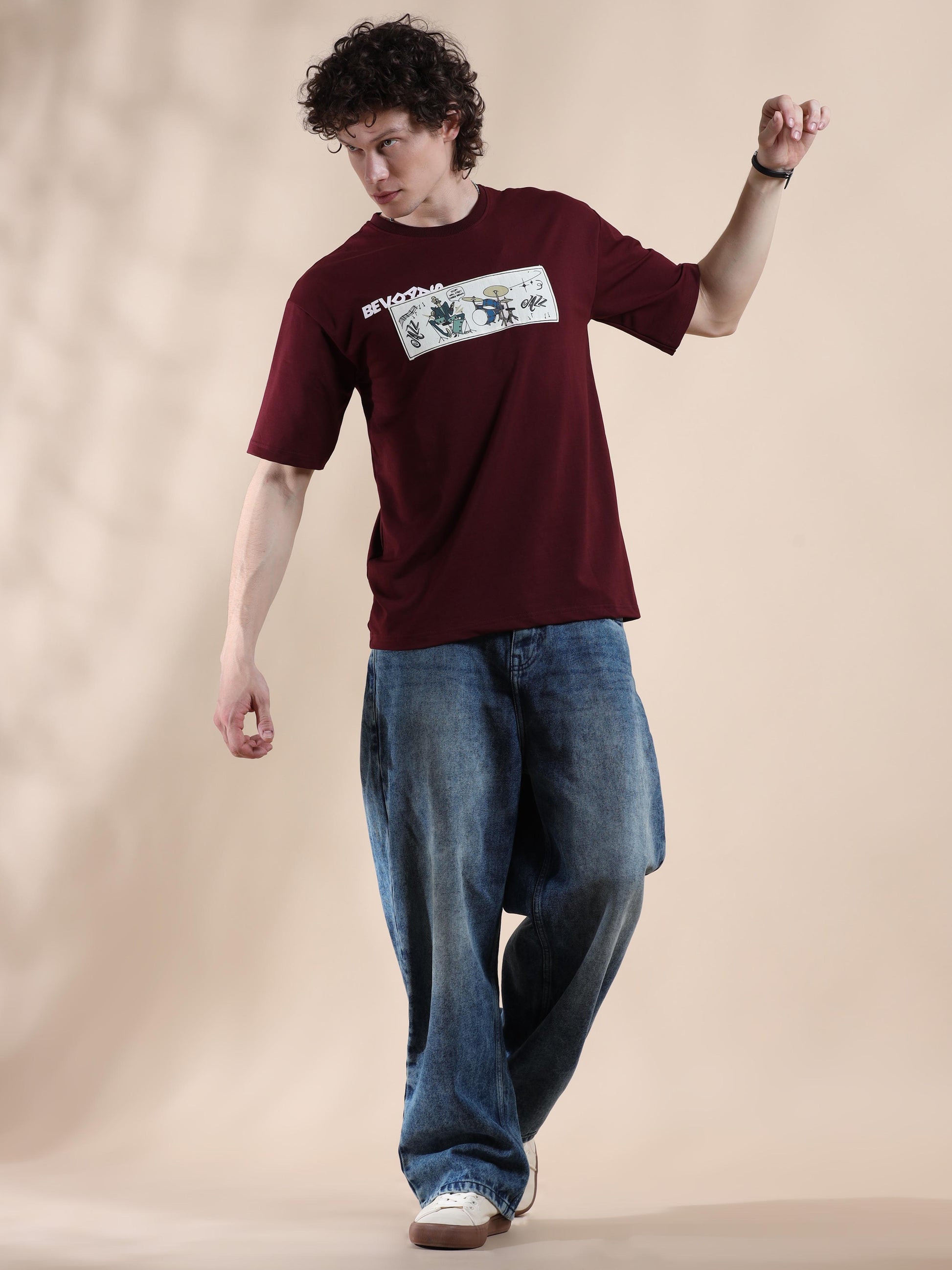 Maroon Oversized Off The Shoulder T Shirt for Men