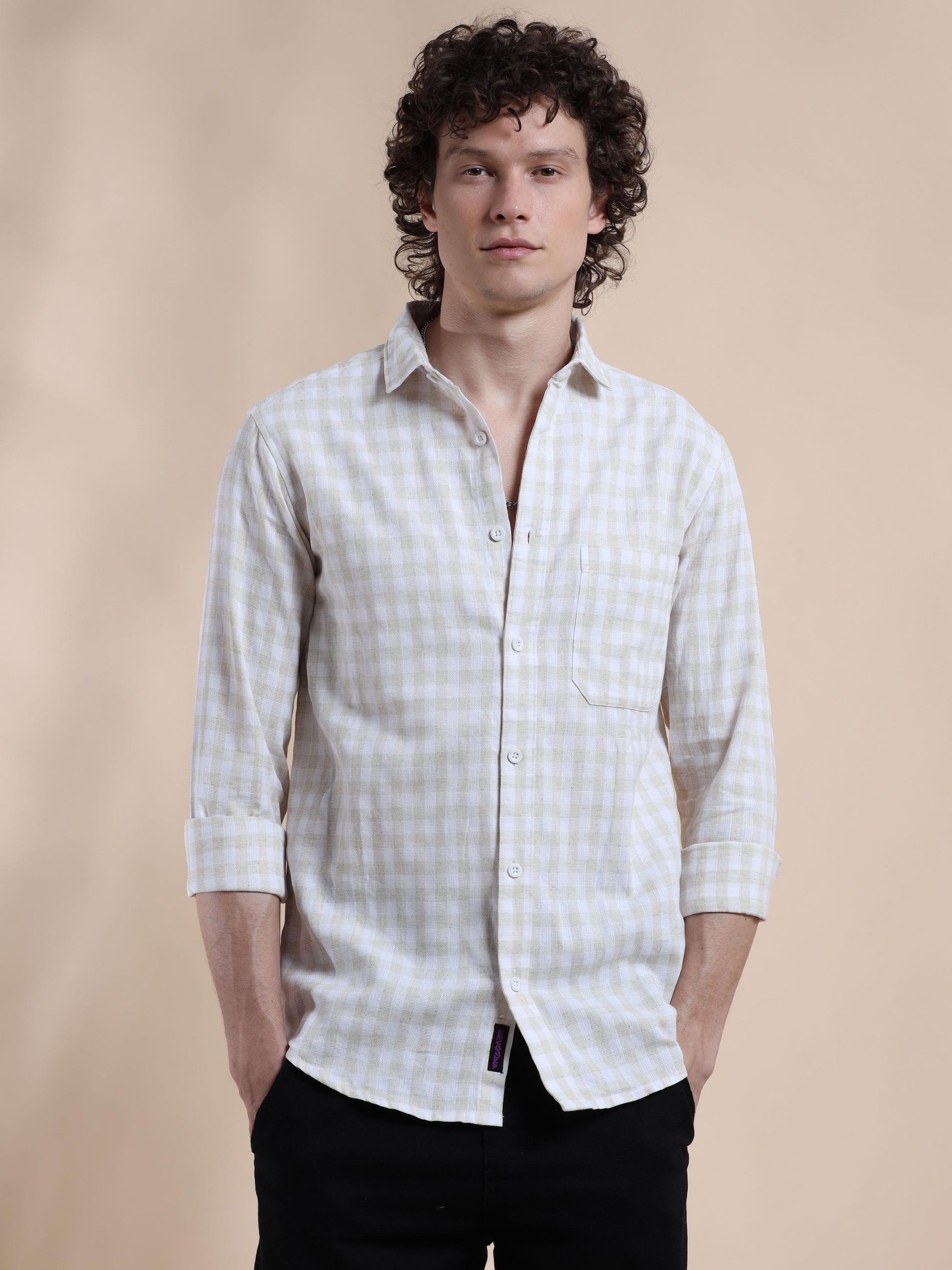 Light Grey Small Check Shirt Mens 