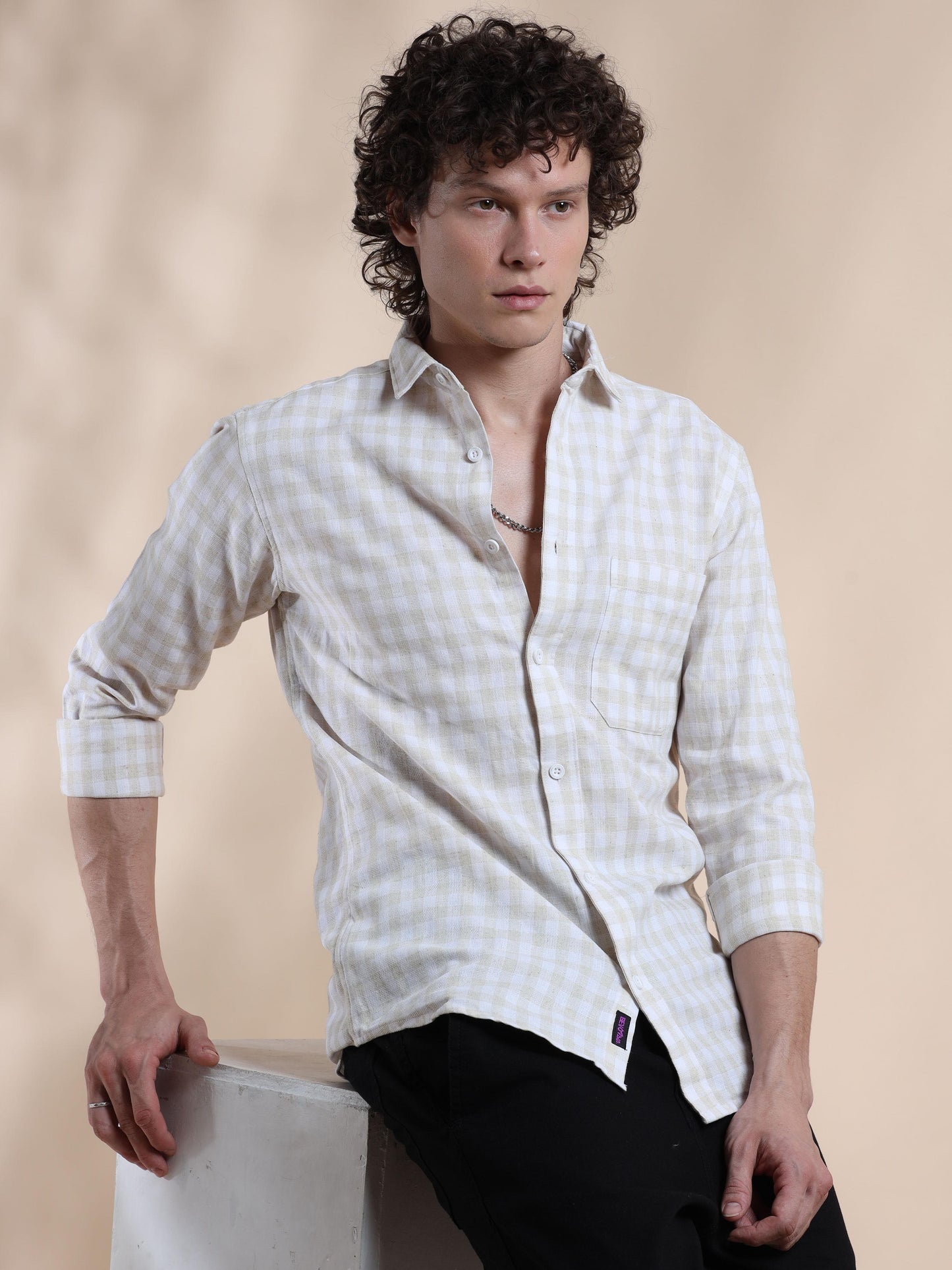 Light Grey Small Check Shirt Mens 