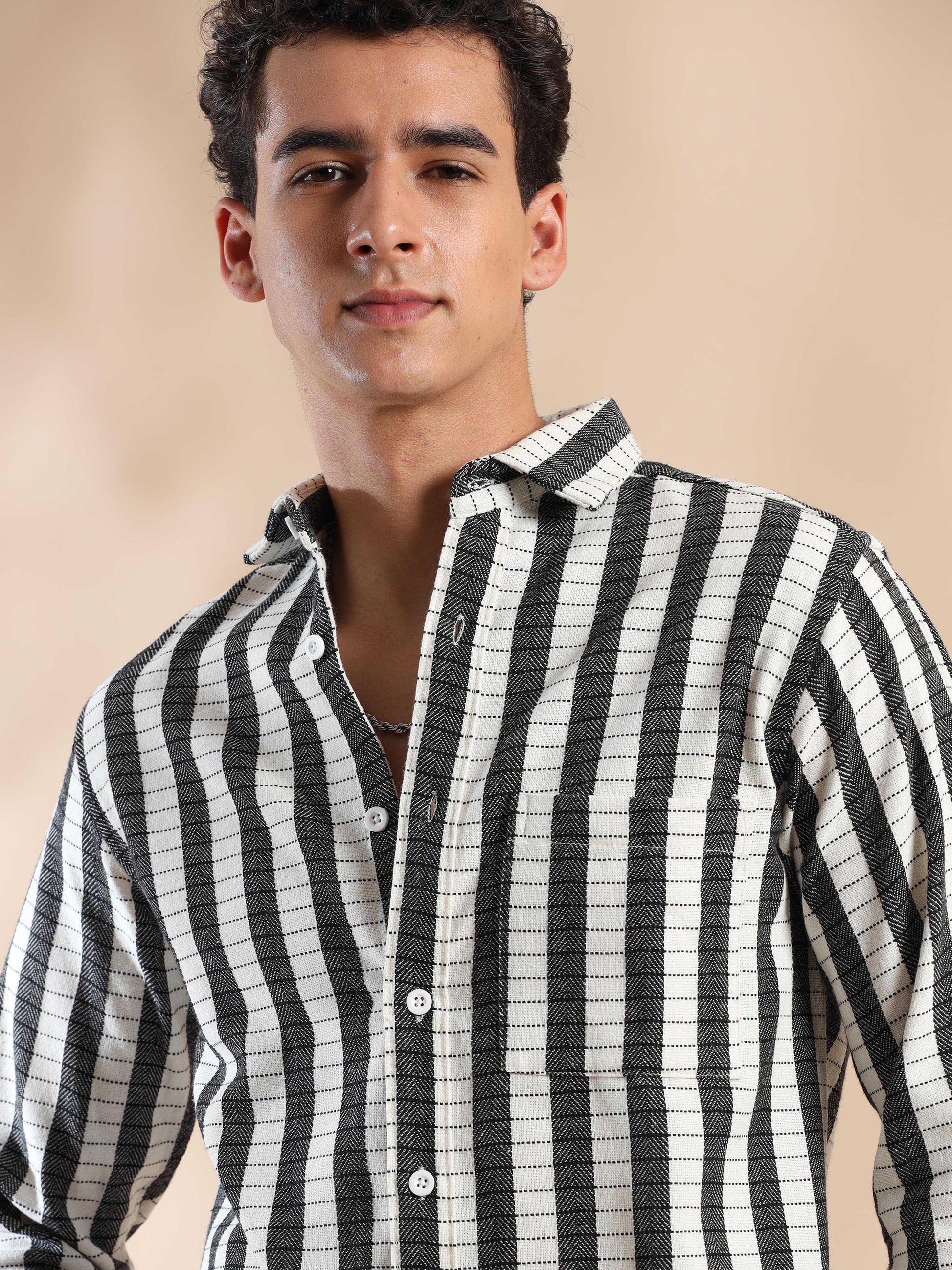 full sleeve black white check shirt for men