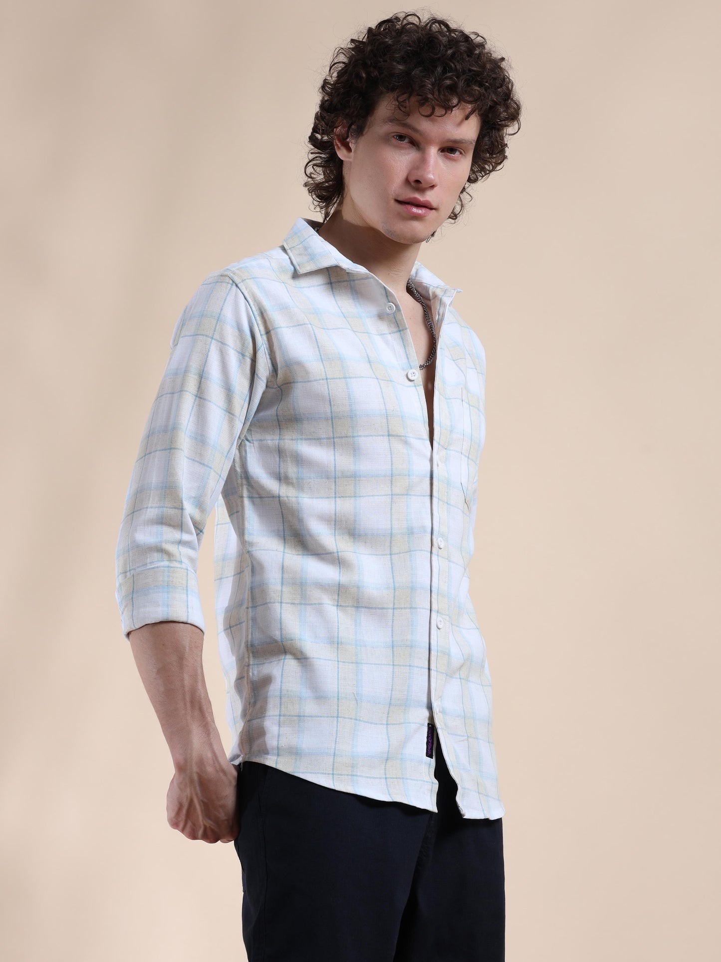 White and Light Blue Stylish Check Shirts for Men 