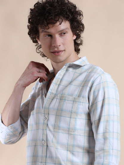 White and Light Blue Stylish Check Shirts for Men 