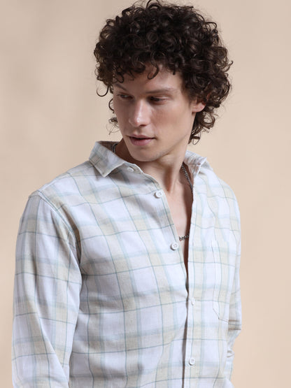 White and Light Green Cotton Check Shirt for Men