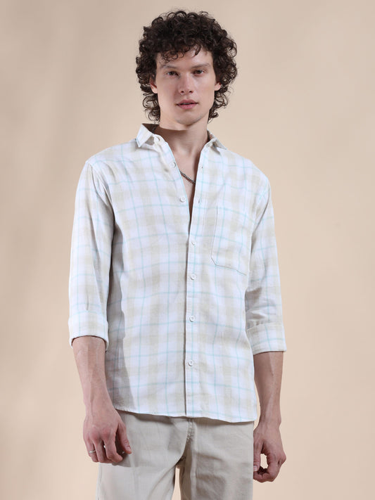 Grey and Light Blue Mens Checked Shirts Long Sleeve