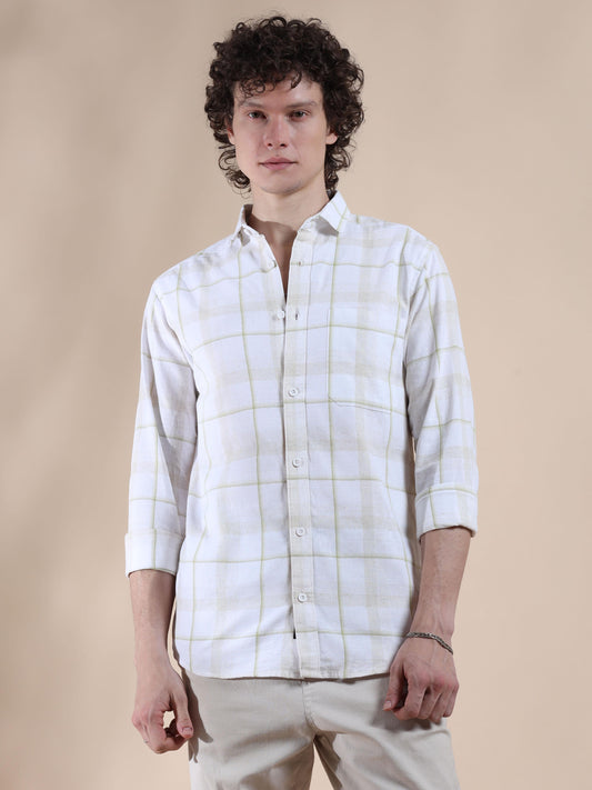 White and Light Green Mens Casual Check Shirts