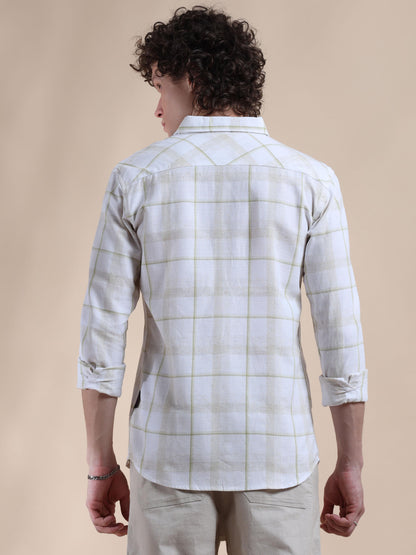 White and Light Green Mens Casual Check Shirts