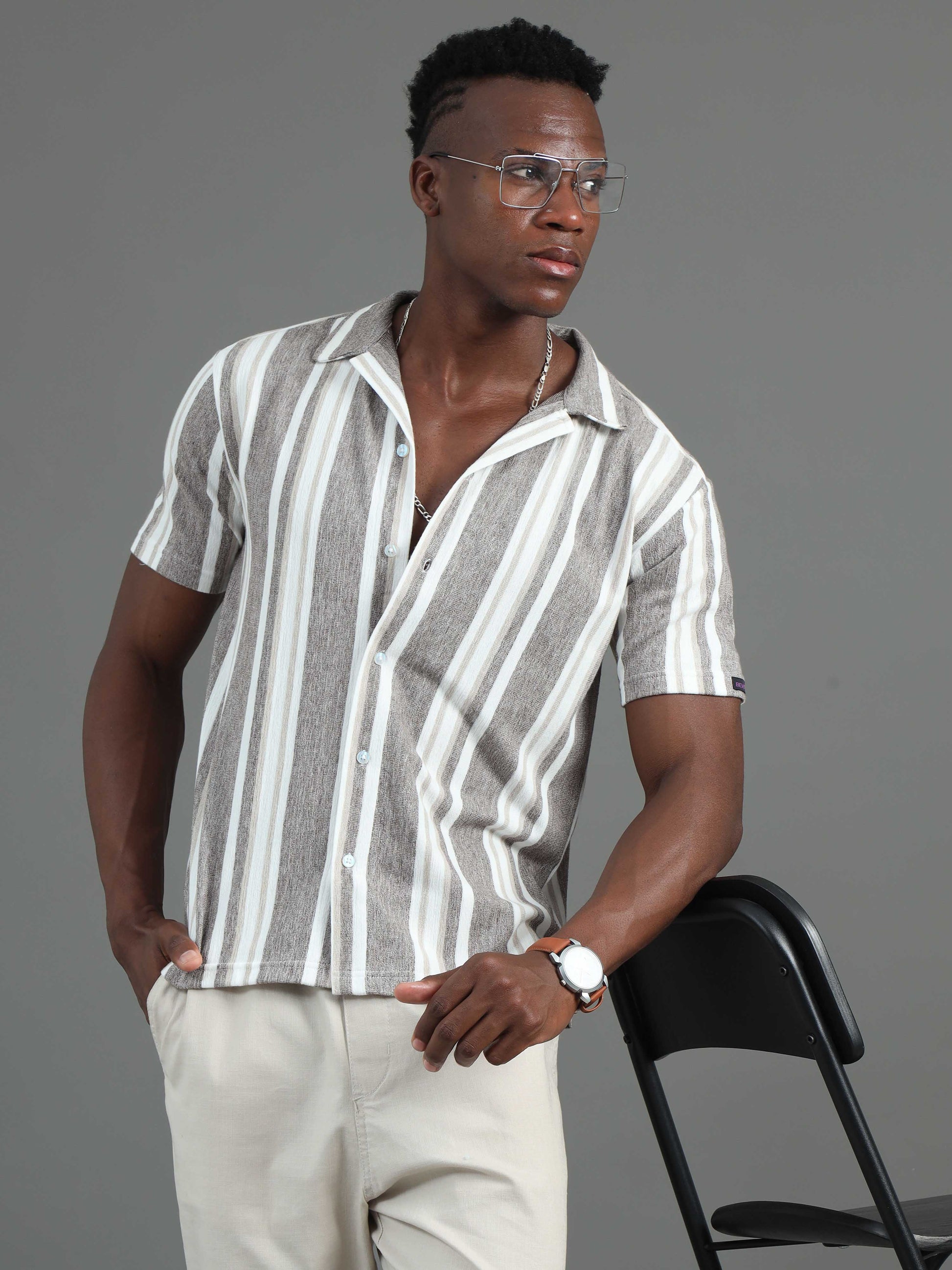 Half Sleeve Brown Striped Shirt Mens