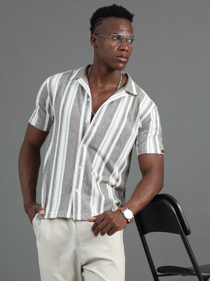 Half Sleeve Brown Striped Shirt Mens