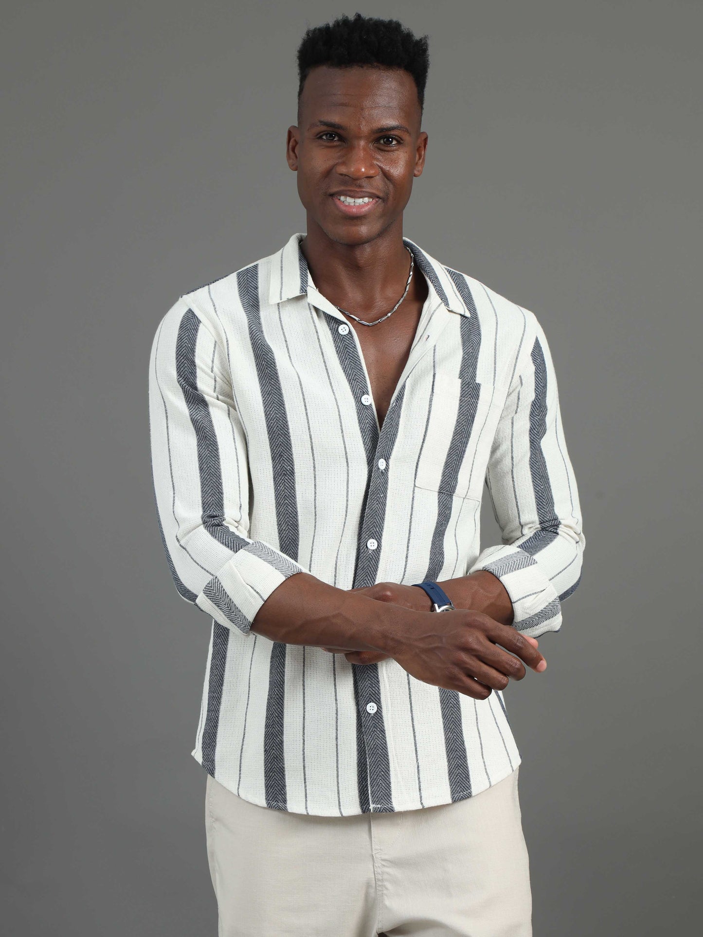 full sleeve blue and white striped shirt