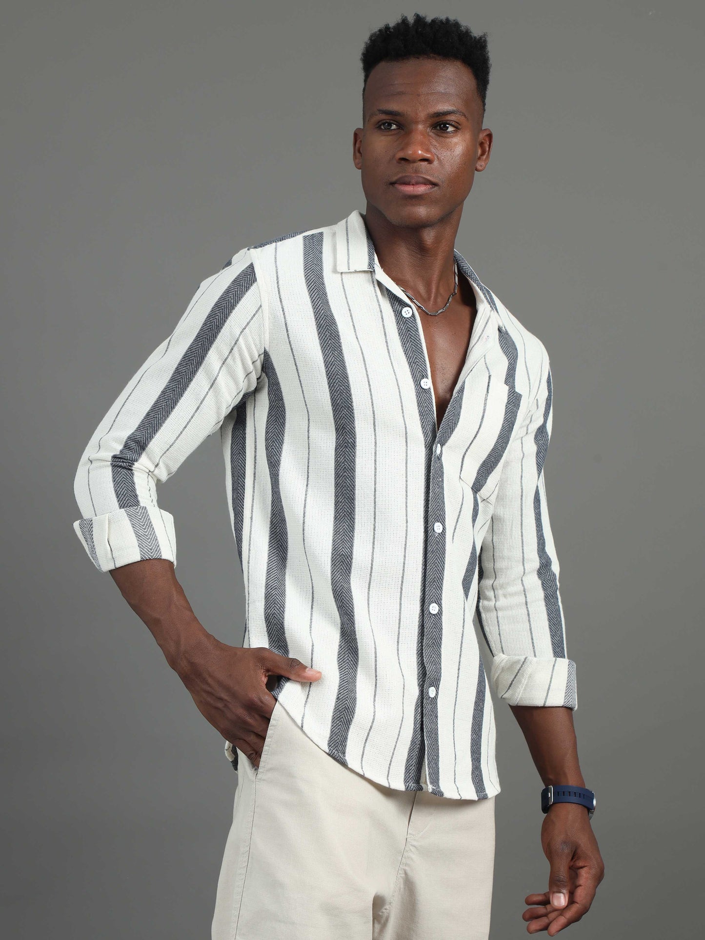 full sleeve blue and white striped shirt