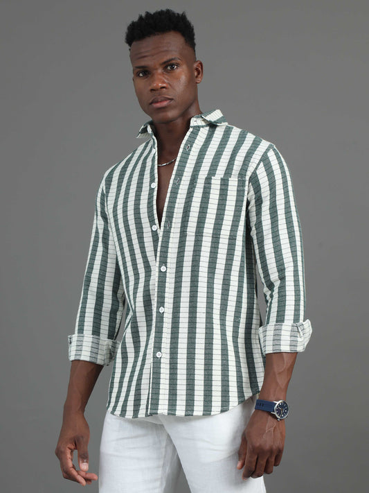 full sleeve green striped shirt mens