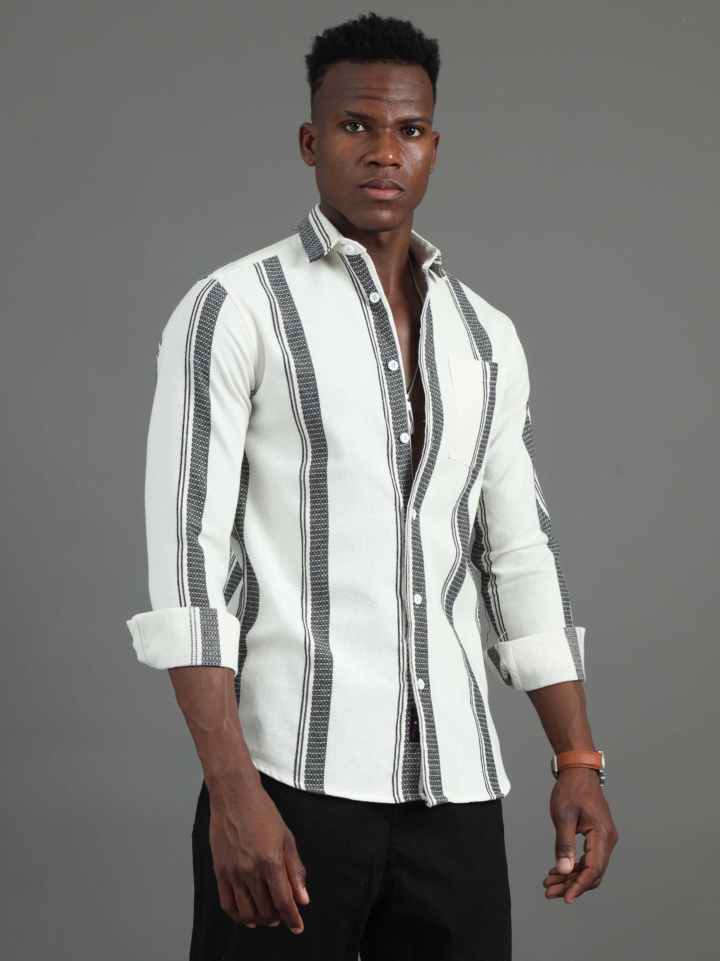 full sleeve black and white striped shirt for men