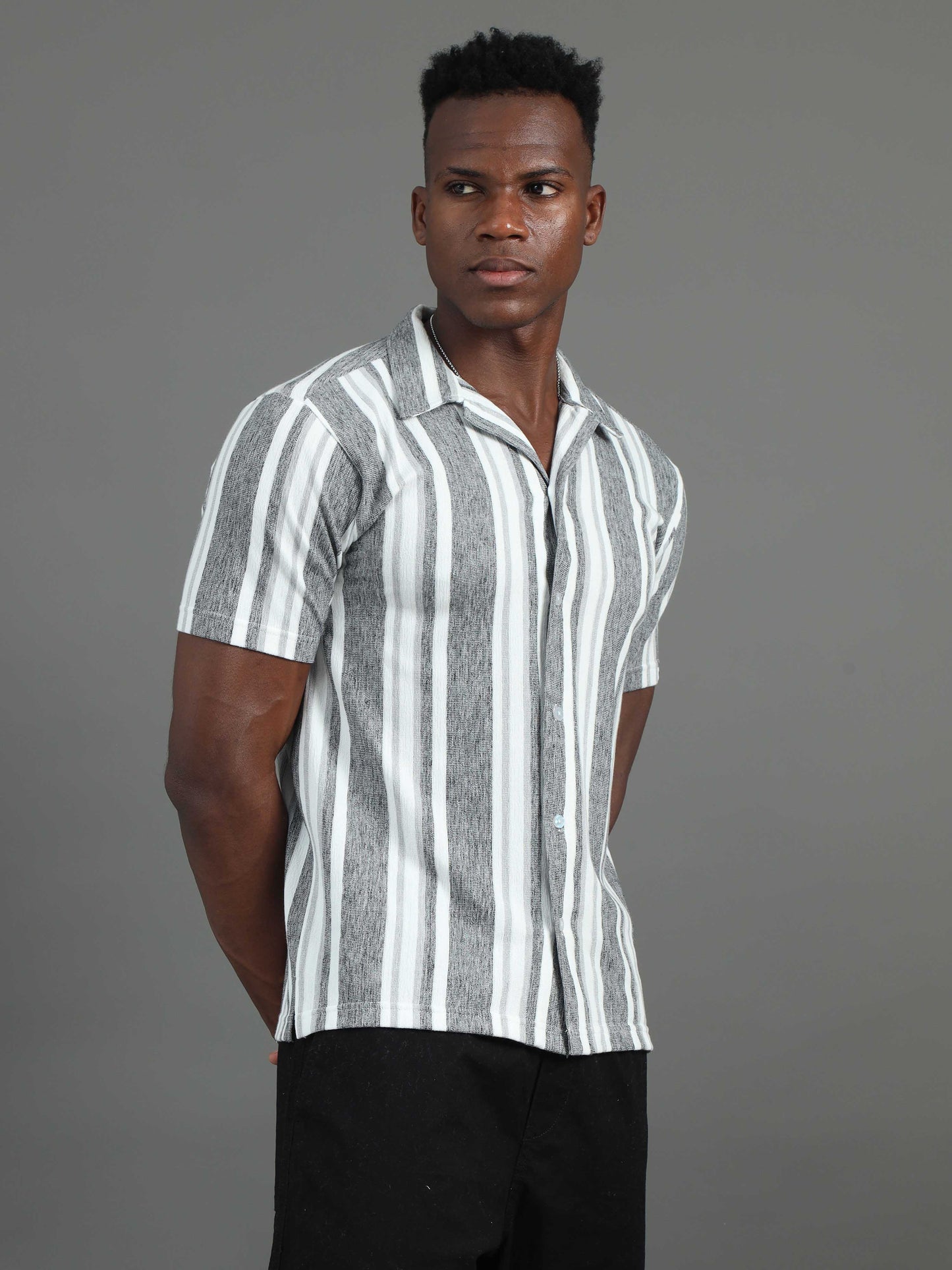 half sleeve grey and white striped shirt for men