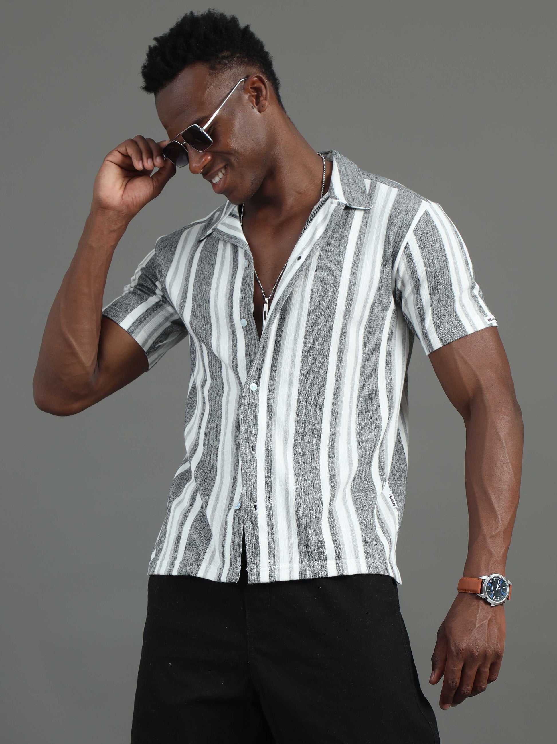 half sleeve grey and white striped shirt for men