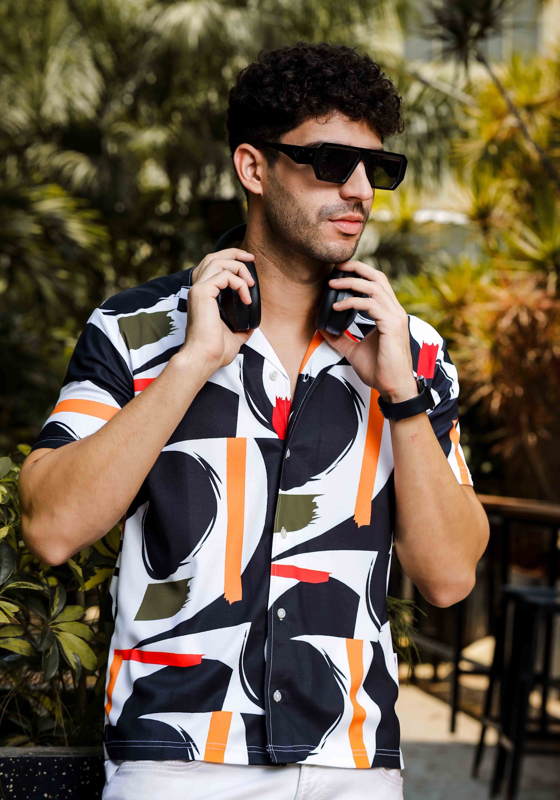 black white abstract print shirt mens