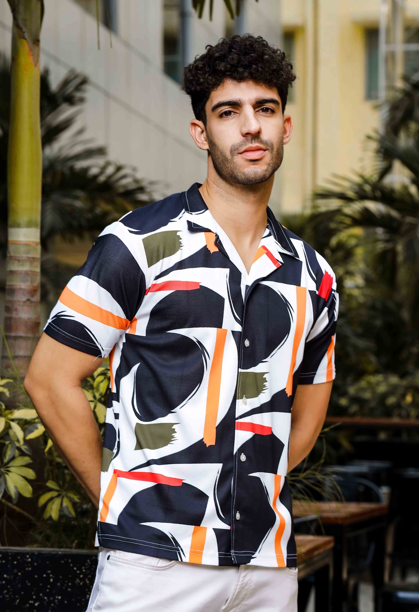 black white abstract print shirt mens