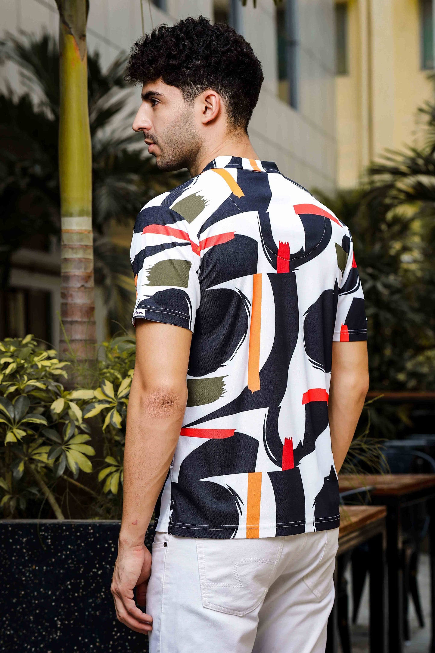 black white abstract print shirt mens