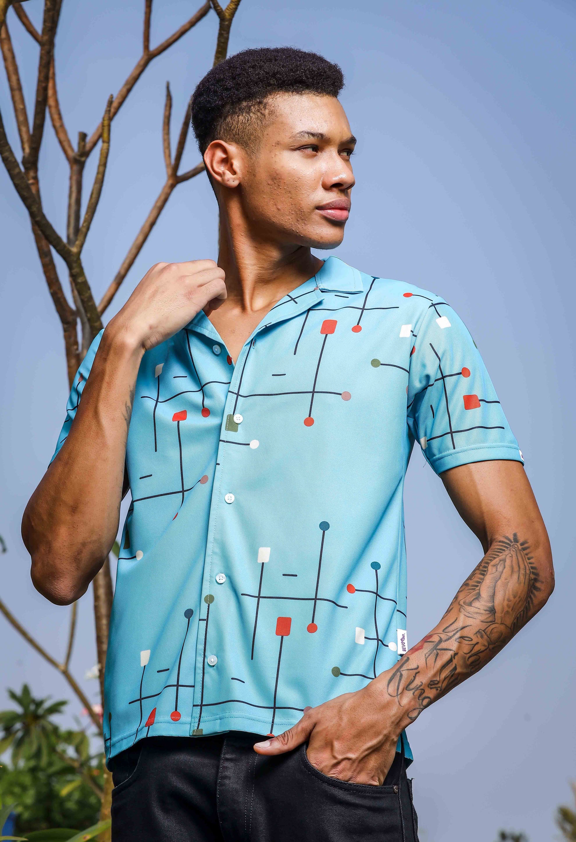 sky blue abstract print shirt mens