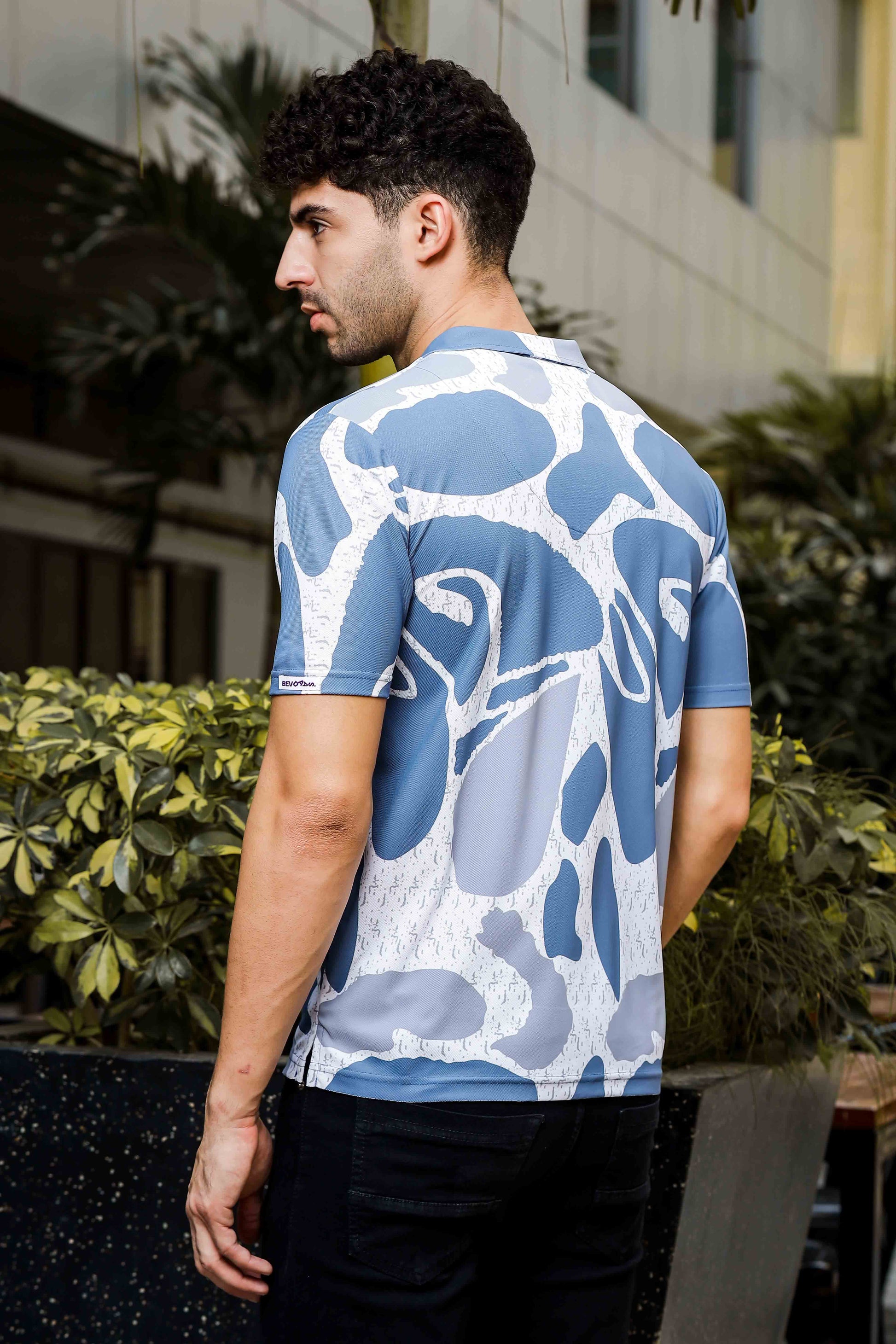 white blue abstract printed shirt