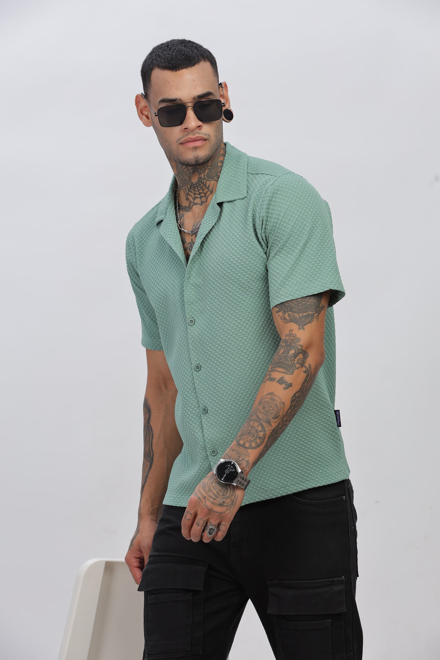 Light Green Popcorn Fabric Cuban Collar Shirt