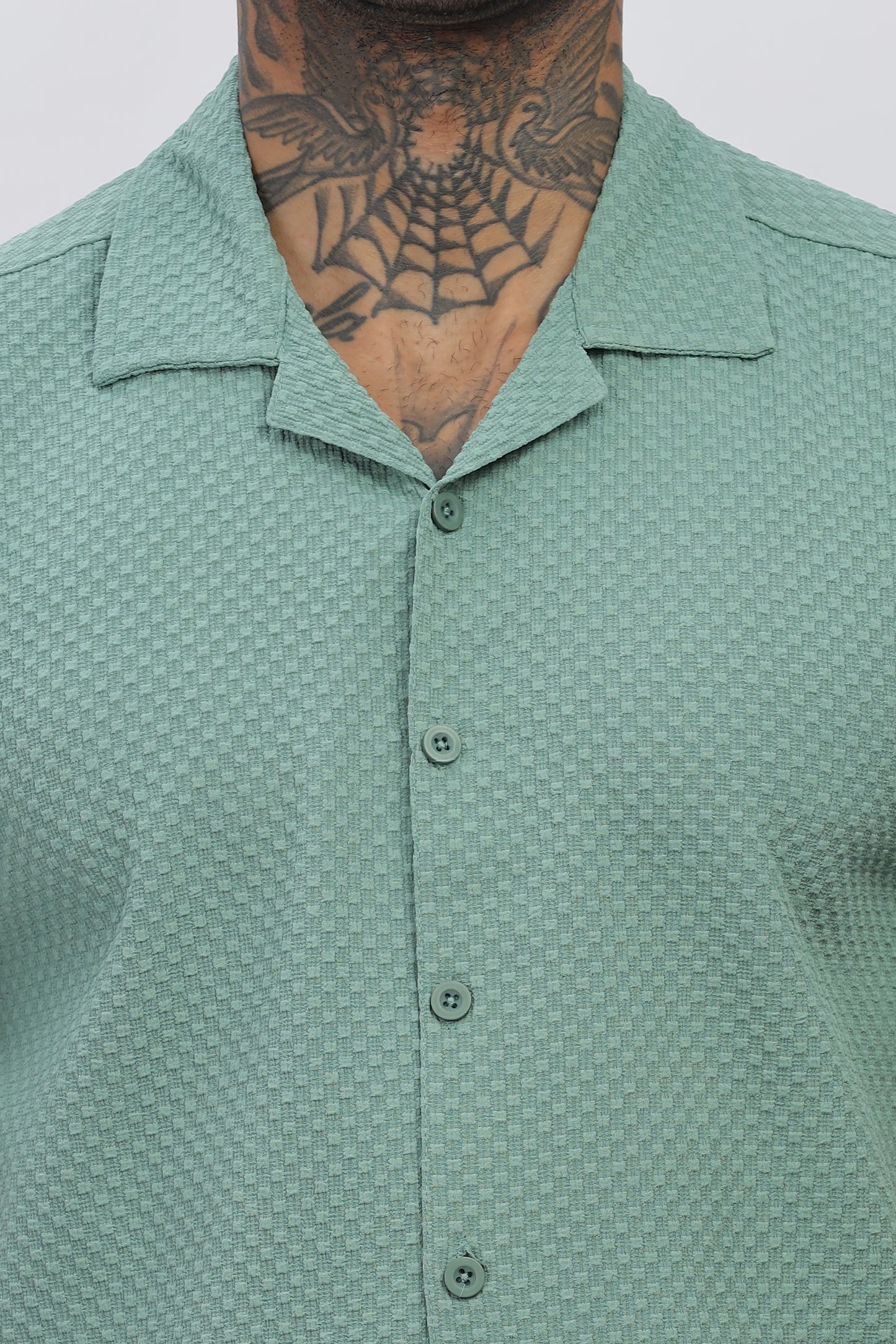 Light Green Popcorn Fabric Cuban Collar Shirt