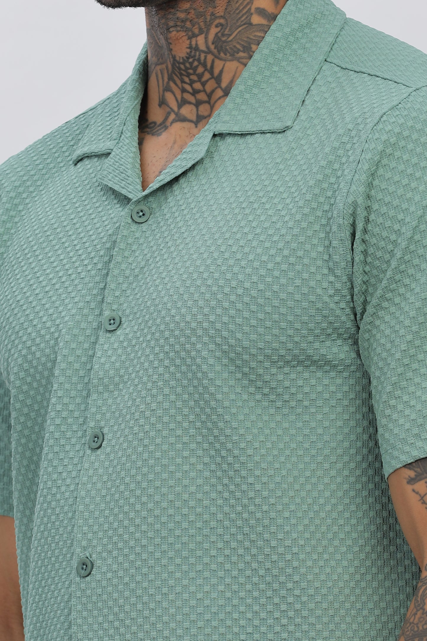 Light Green Popcorn Fabric Cuban Collar Shirt