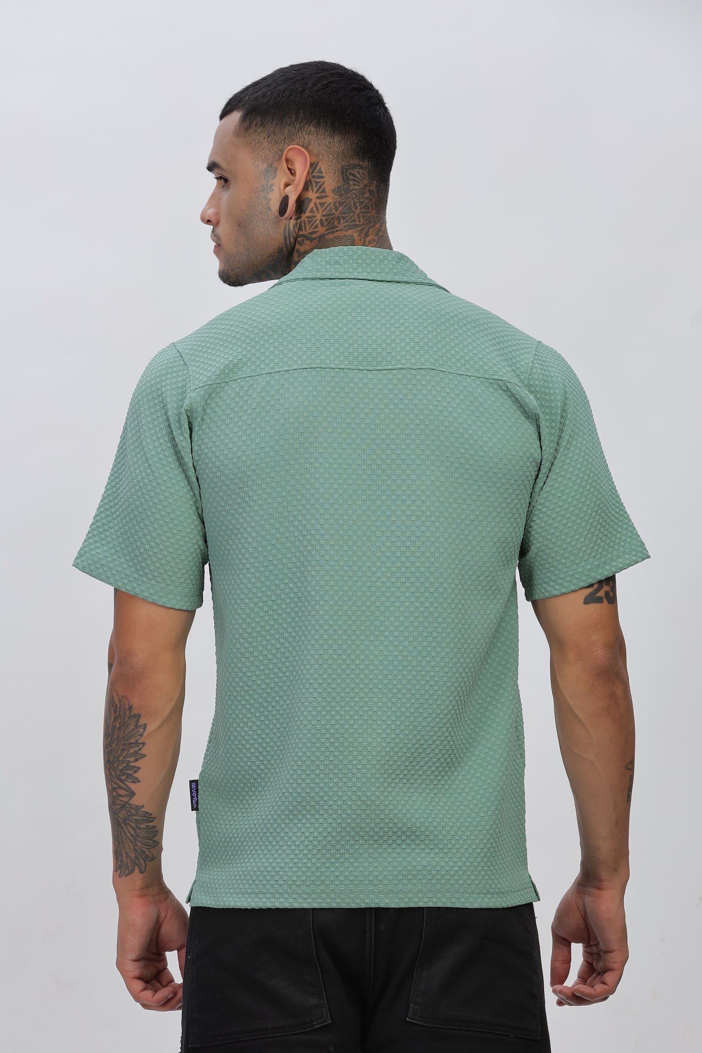 Light Green Popcorn Fabric Cuban Collar Shirt