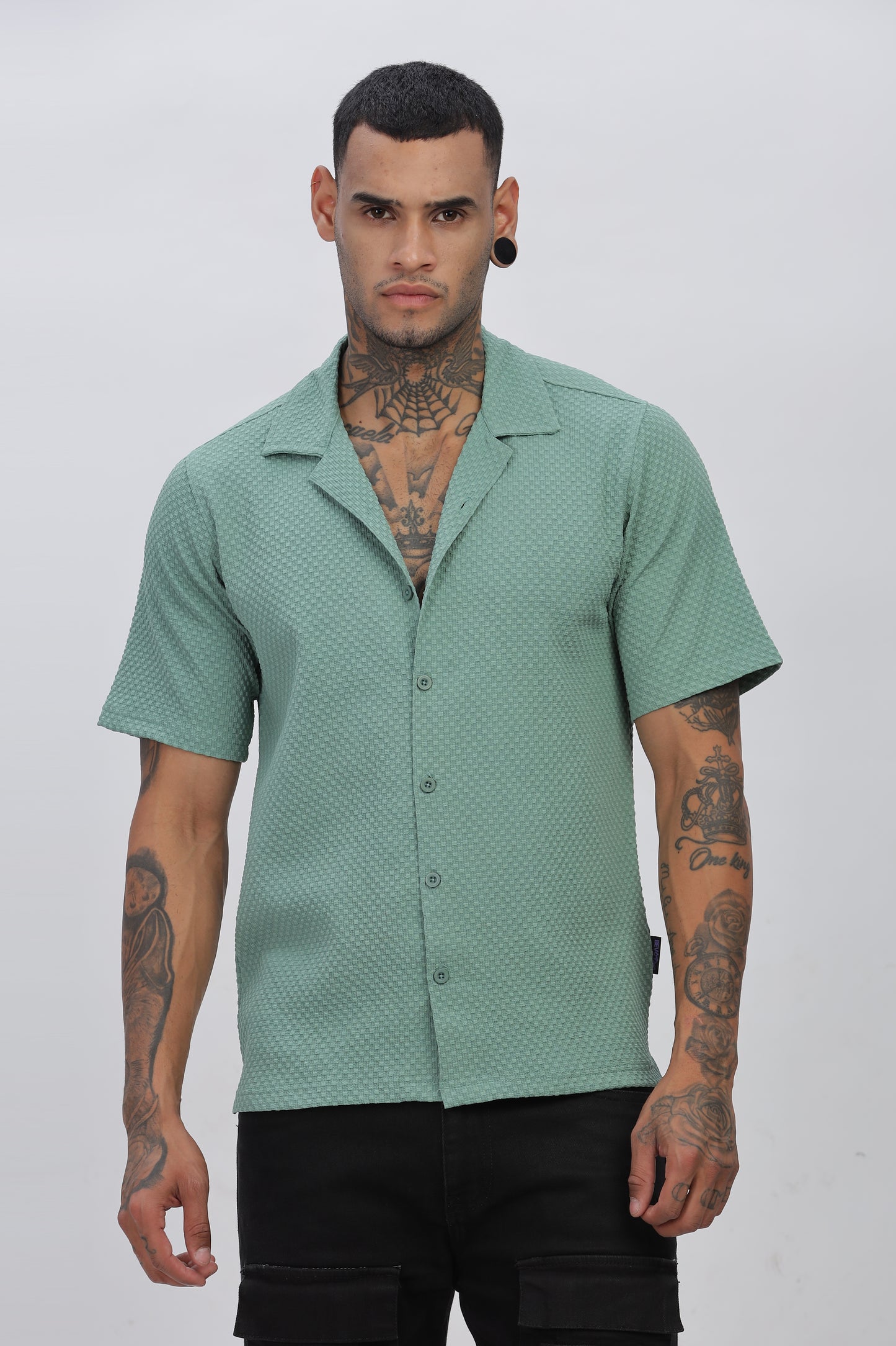 Light Green Popcorn Fabric Cuban Collar Shirt