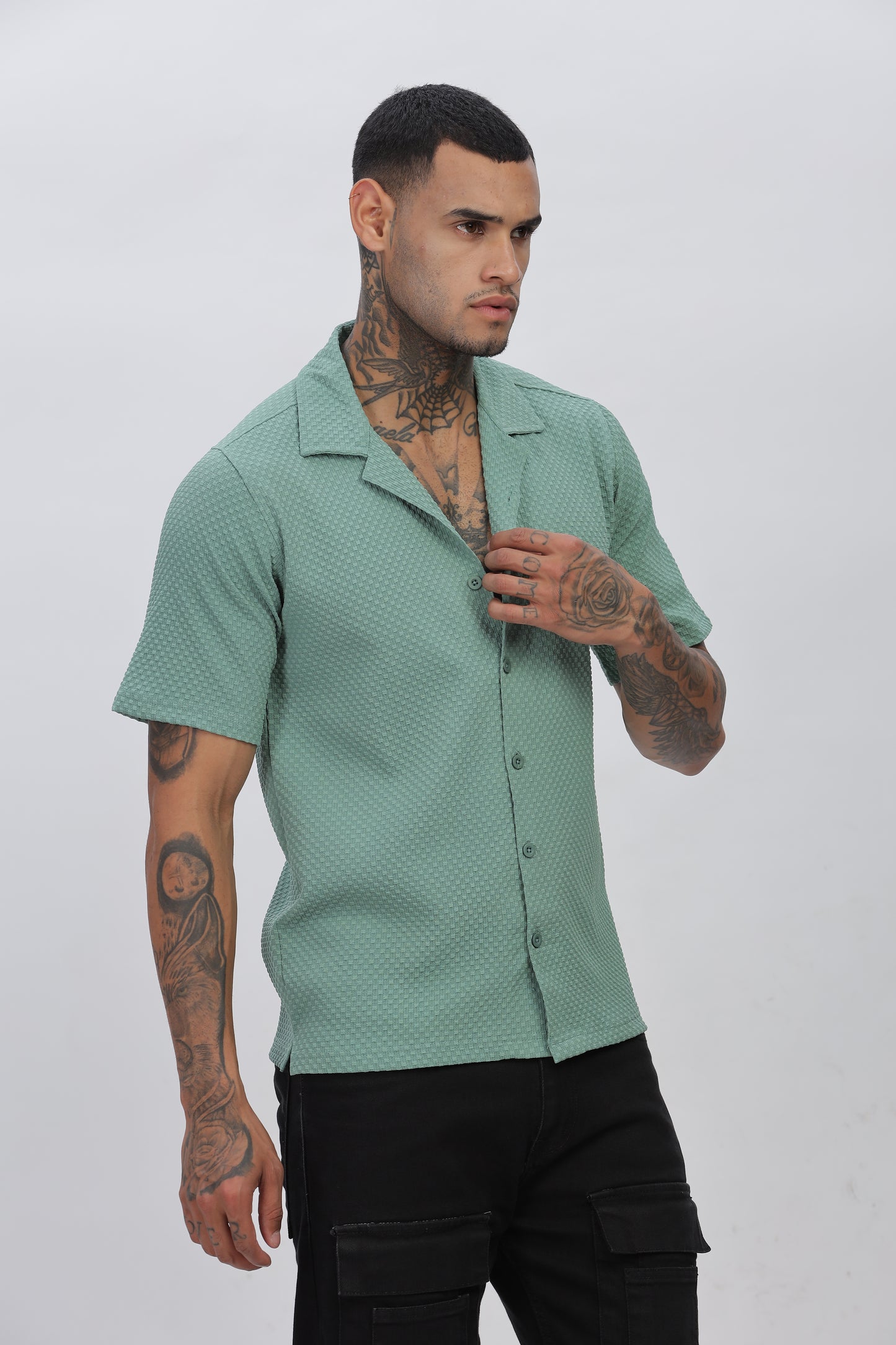 Light Green Popcorn Fabric Cuban Collar Shirt