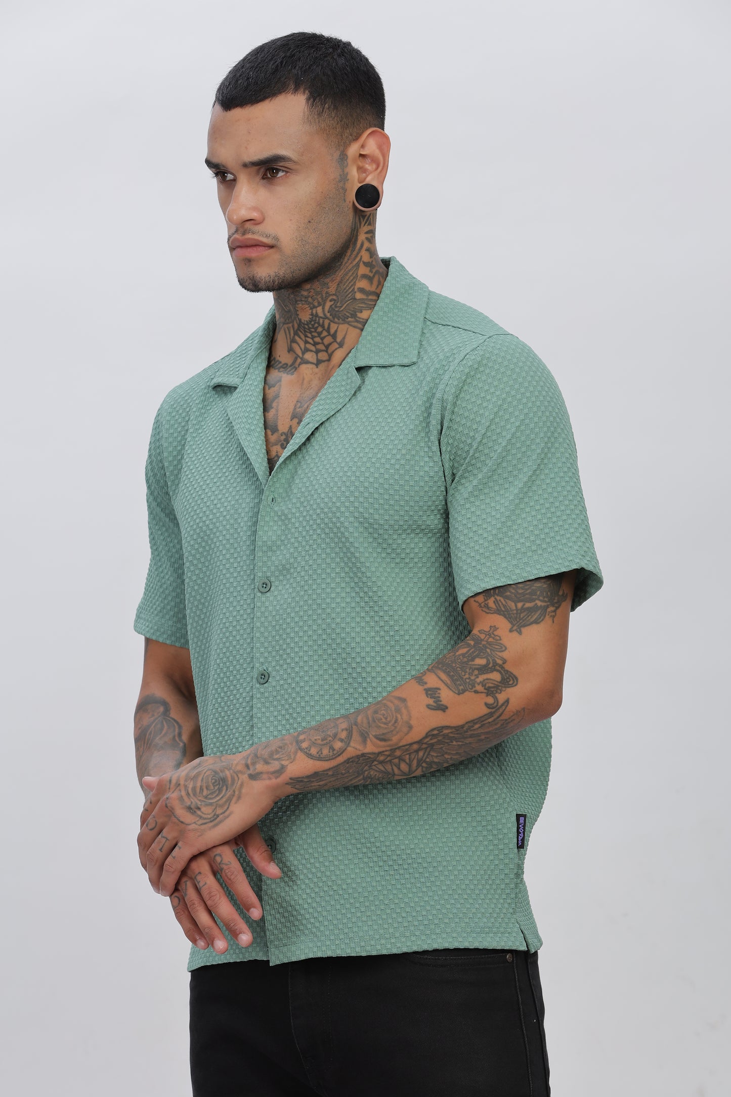 Light Green Popcorn Fabric Cuban Collar Shirt