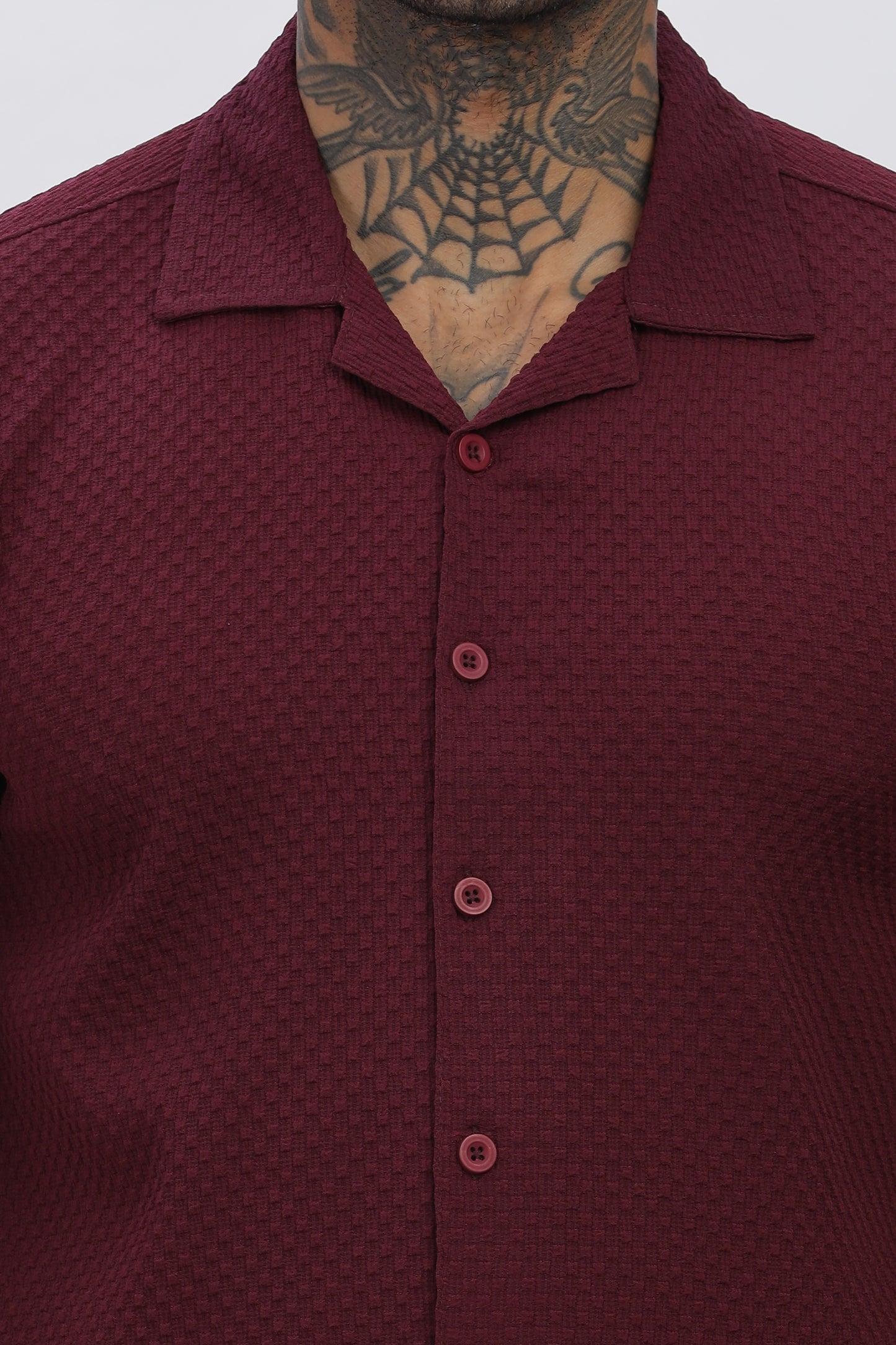 Maroon Popcorn Fabric Cuban Collar Shirt