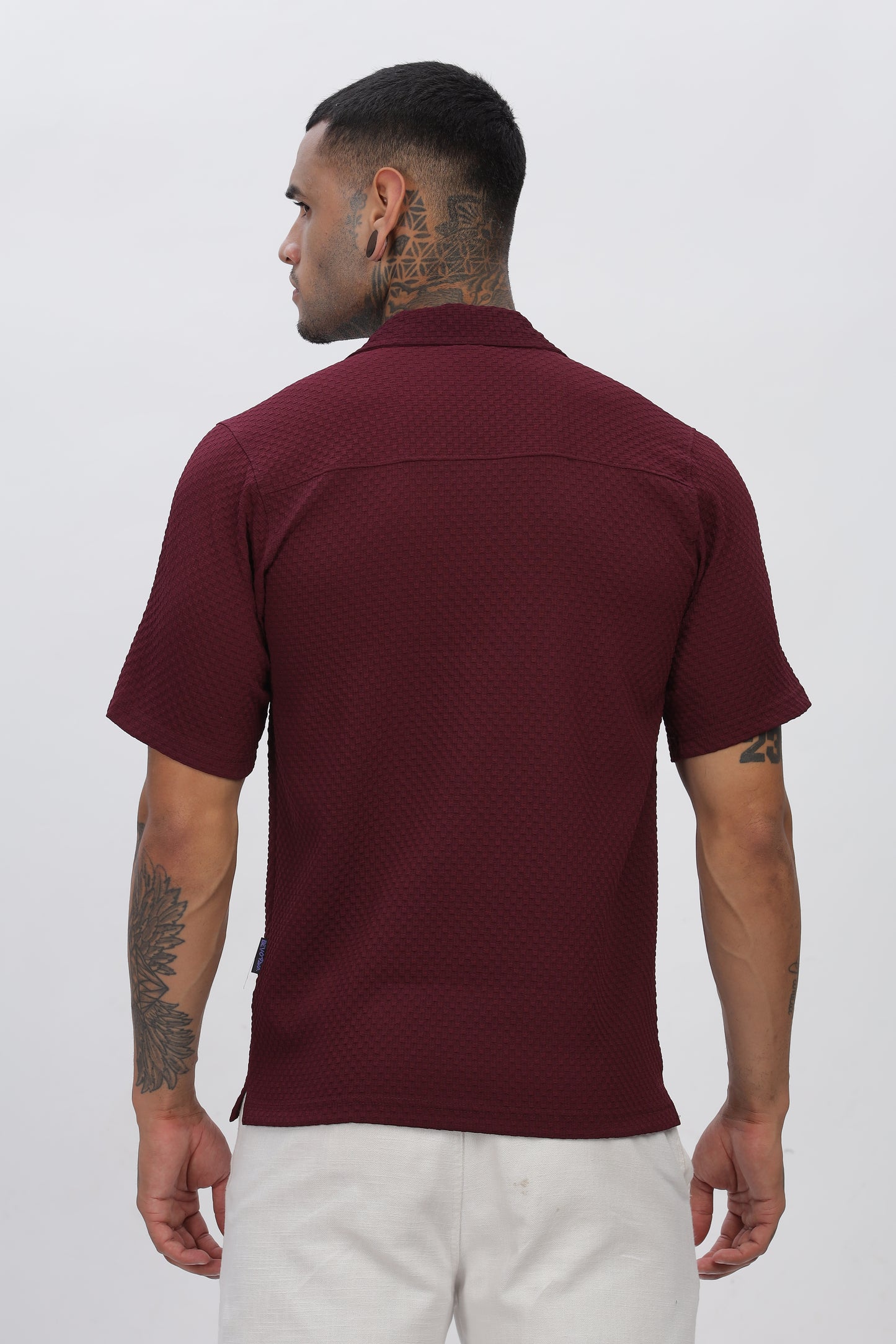 Maroon Popcorn Fabric Cuban Collar Shirt