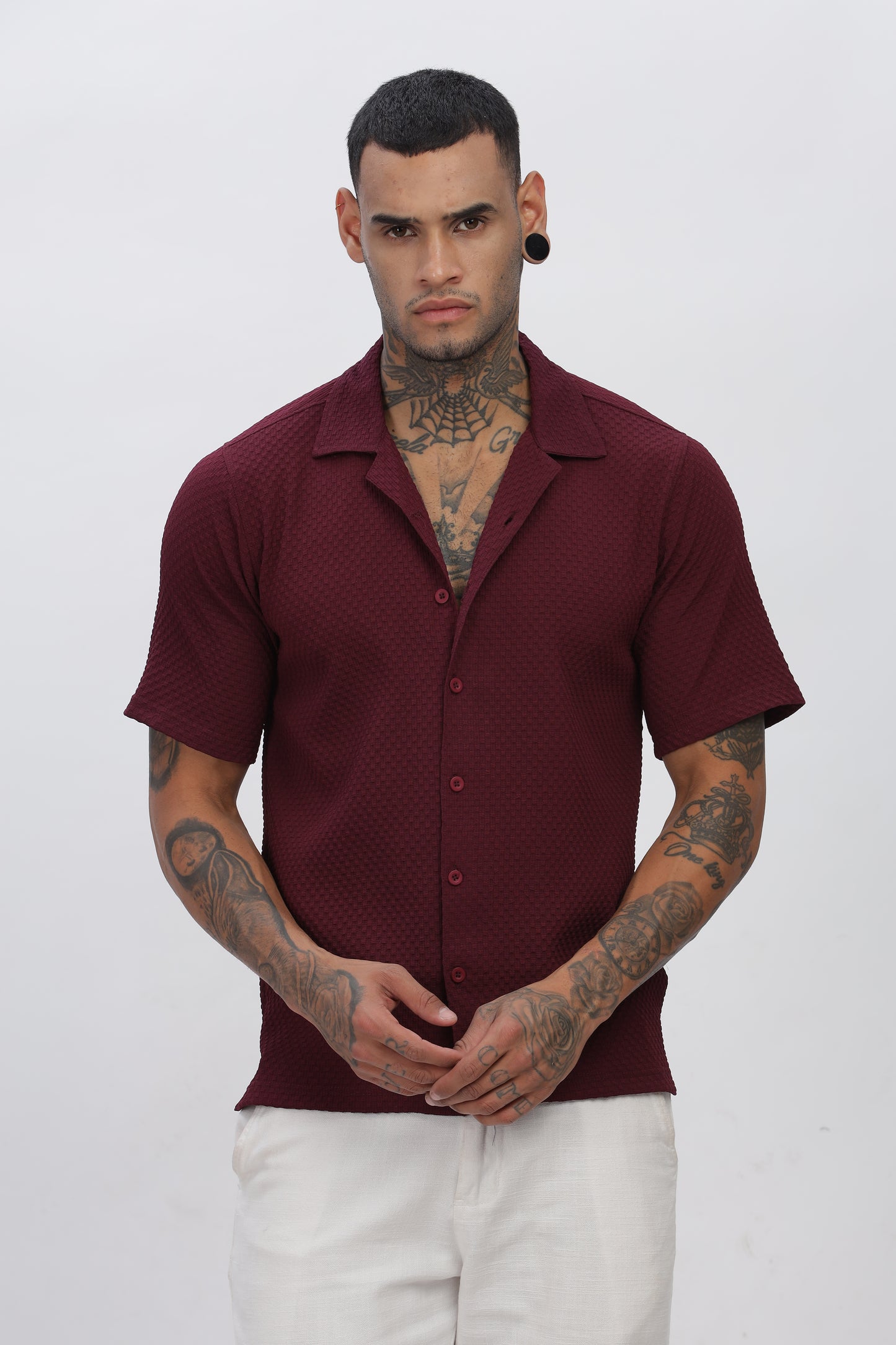 Maroon Popcorn Fabric Cuban Collar Shirt