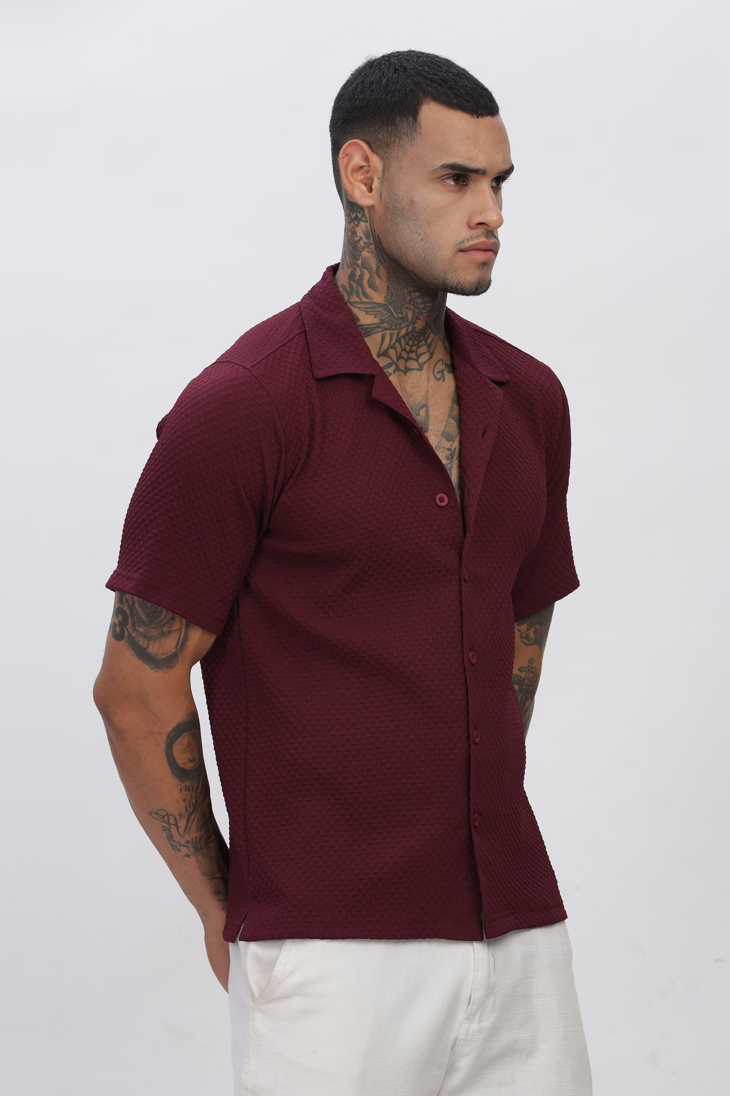 Maroon Popcorn Fabric Cuban Collar Shirt