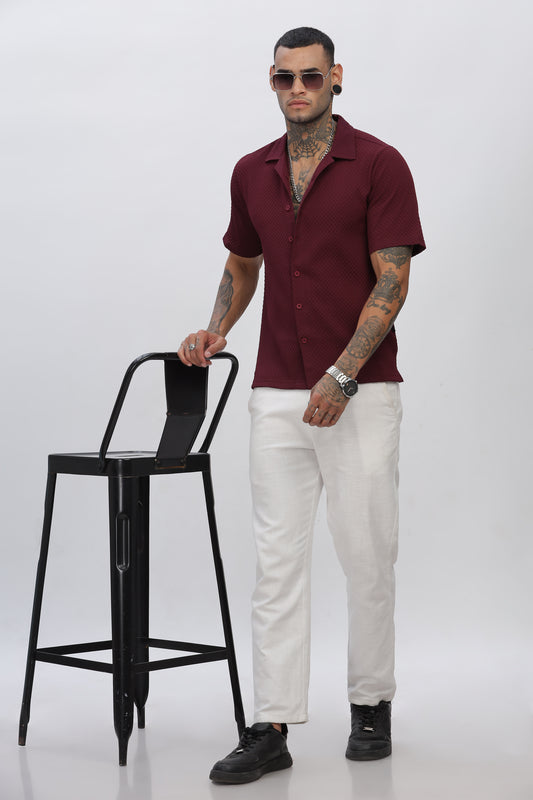 Maroon Popcorn Fabric Cuban Collar Shirt