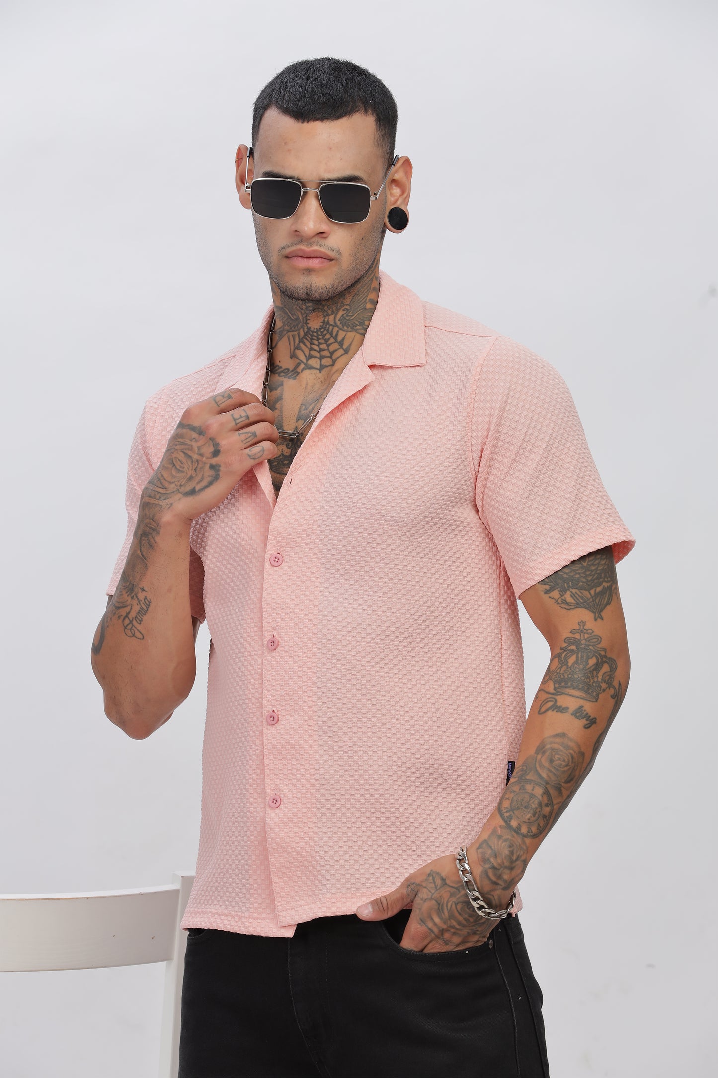 Peach Popcorn Fabric Cuban Collar Shirt