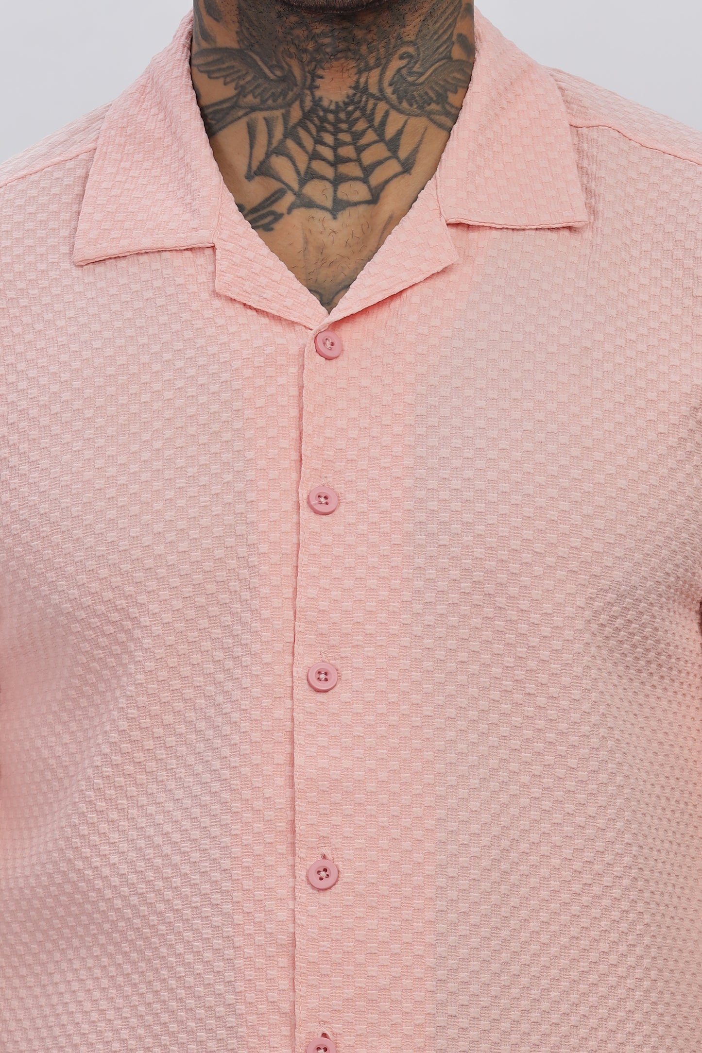 Peach Popcorn Fabric Cuban Collar Shirt