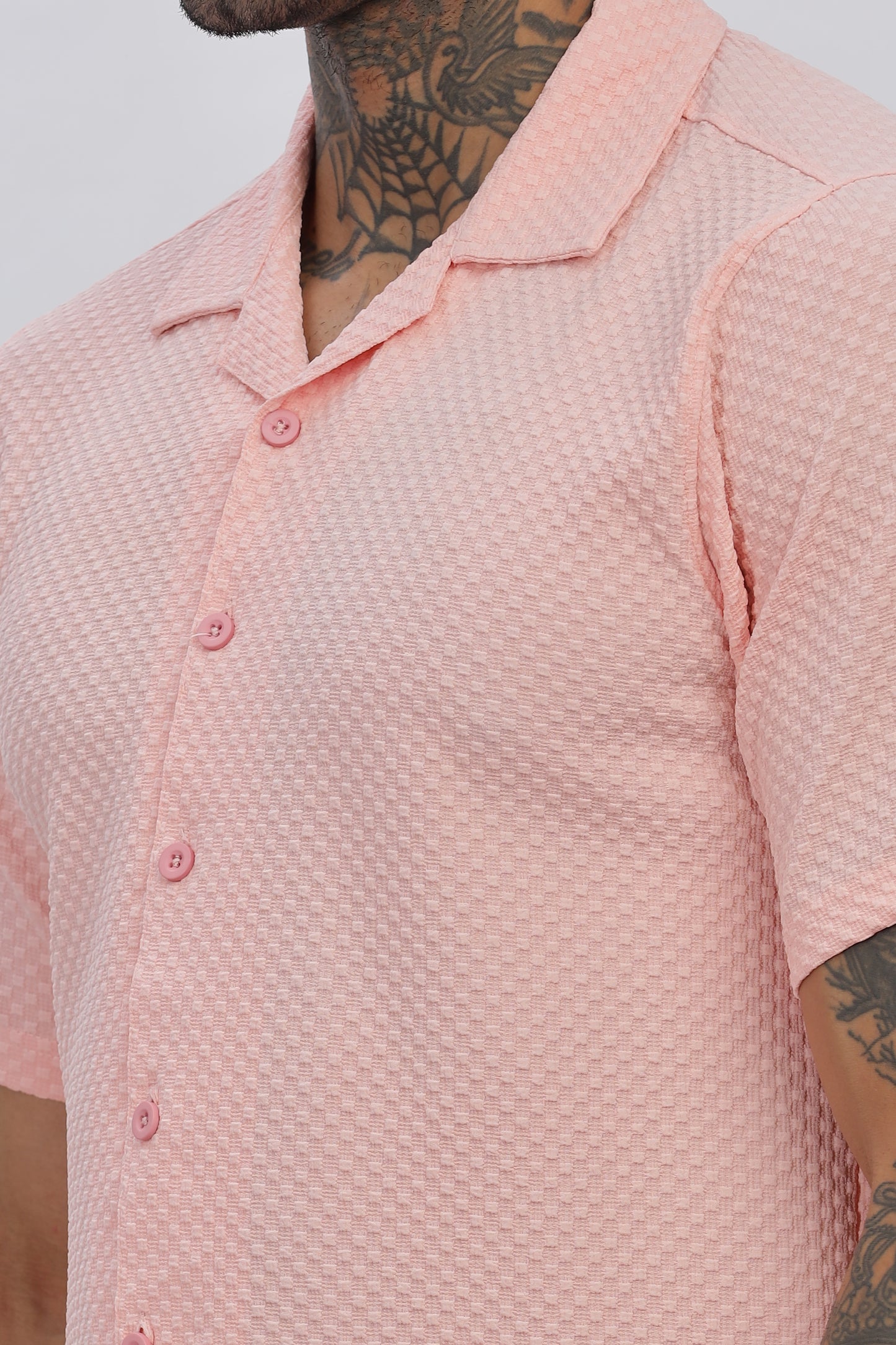 Peach Popcorn Fabric Cuban Collar Shirt