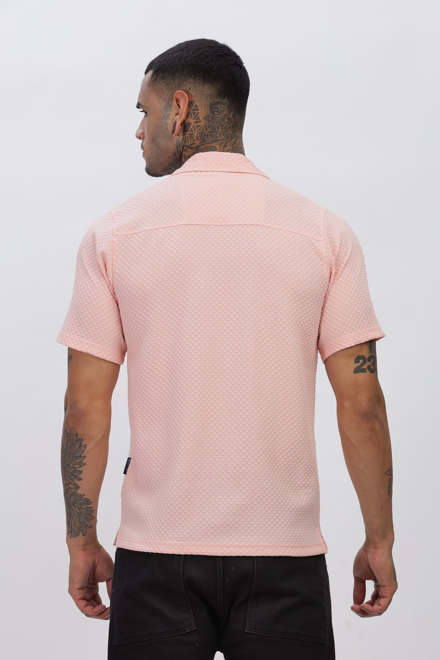 Peach Popcorn Fabric Cuban Collar Shirt