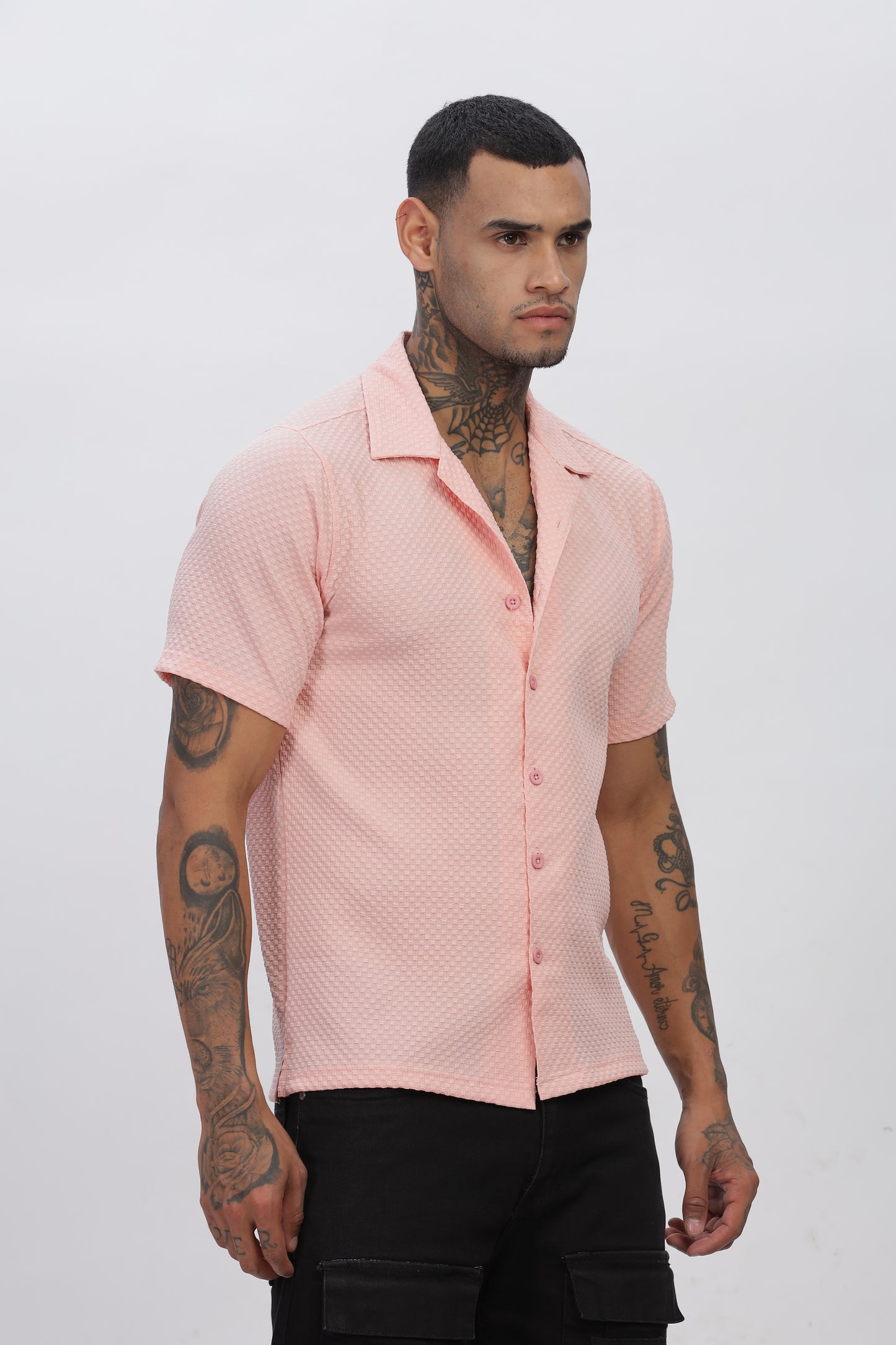 Peach Popcorn Fabric Cuban Collar Shirt