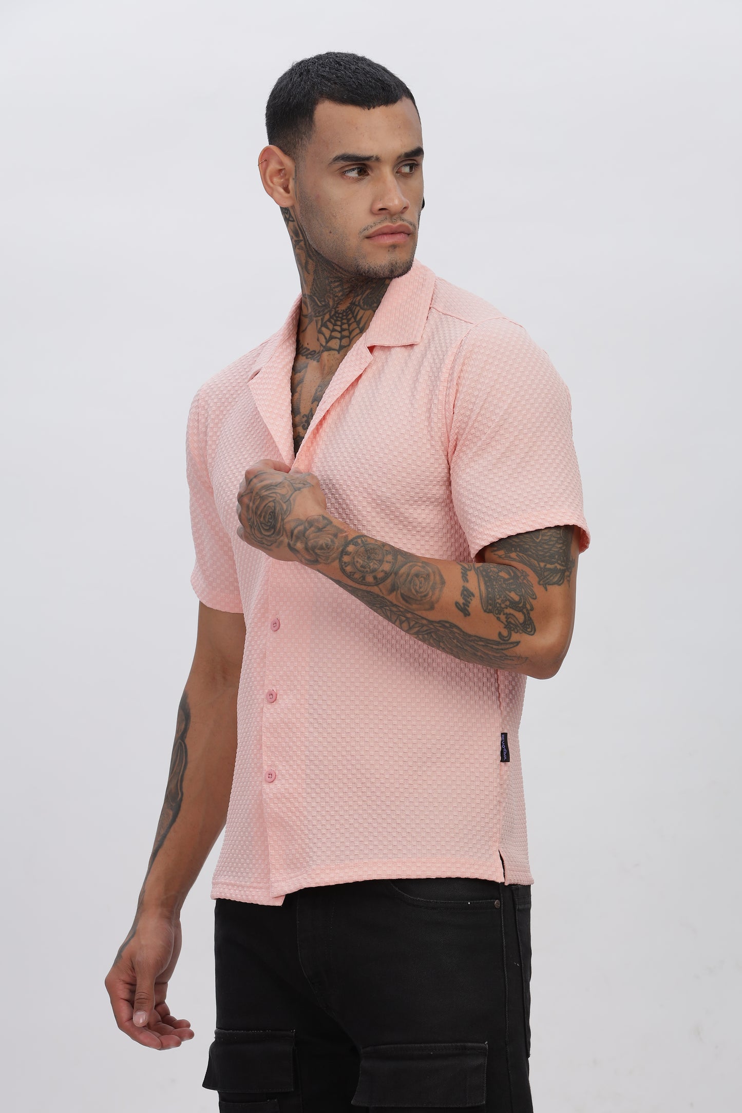 Peach Popcorn Fabric Cuban Collar Shirt