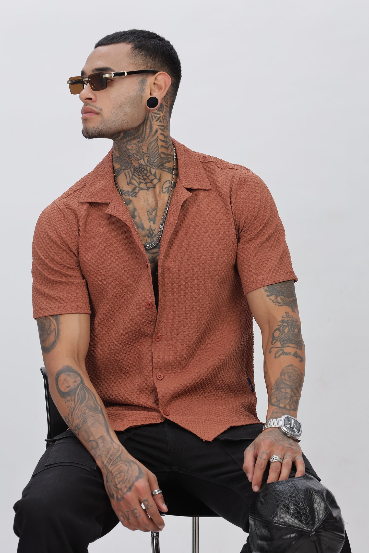 Rust Popcorn Fabric Cuban Collar Shirt