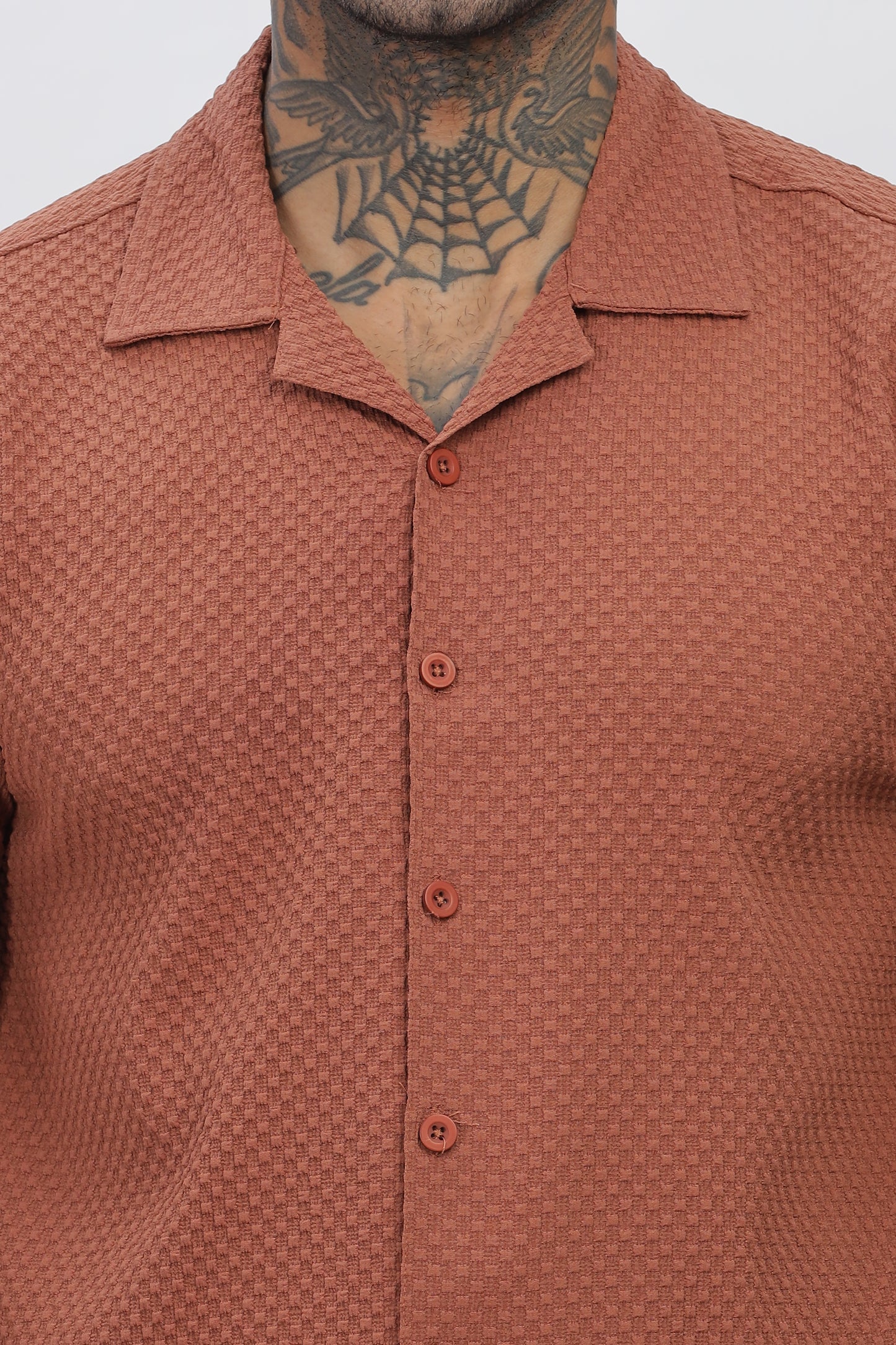 Rust Popcorn Fabric Cuban Collar Shirt