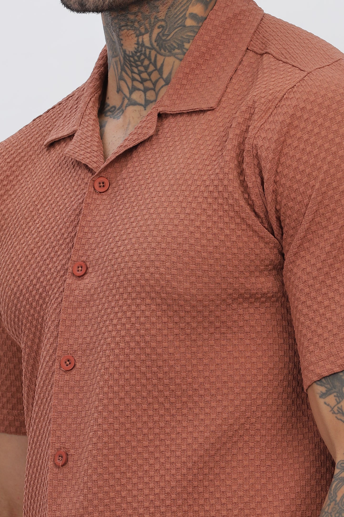 Rust Popcorn Fabric Cuban Collar Shirt