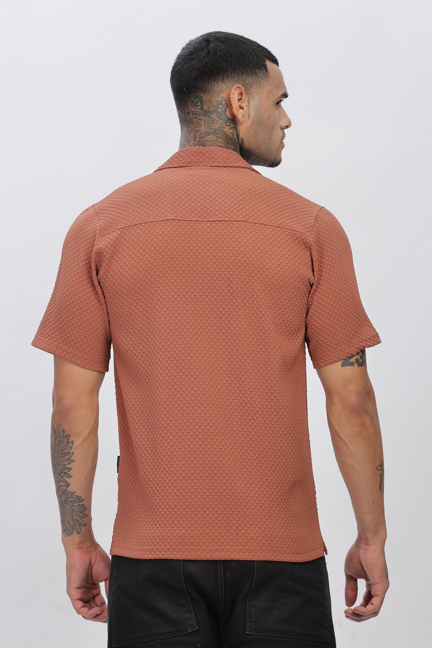 Rust Popcorn Fabric Cuban Collar Shirt