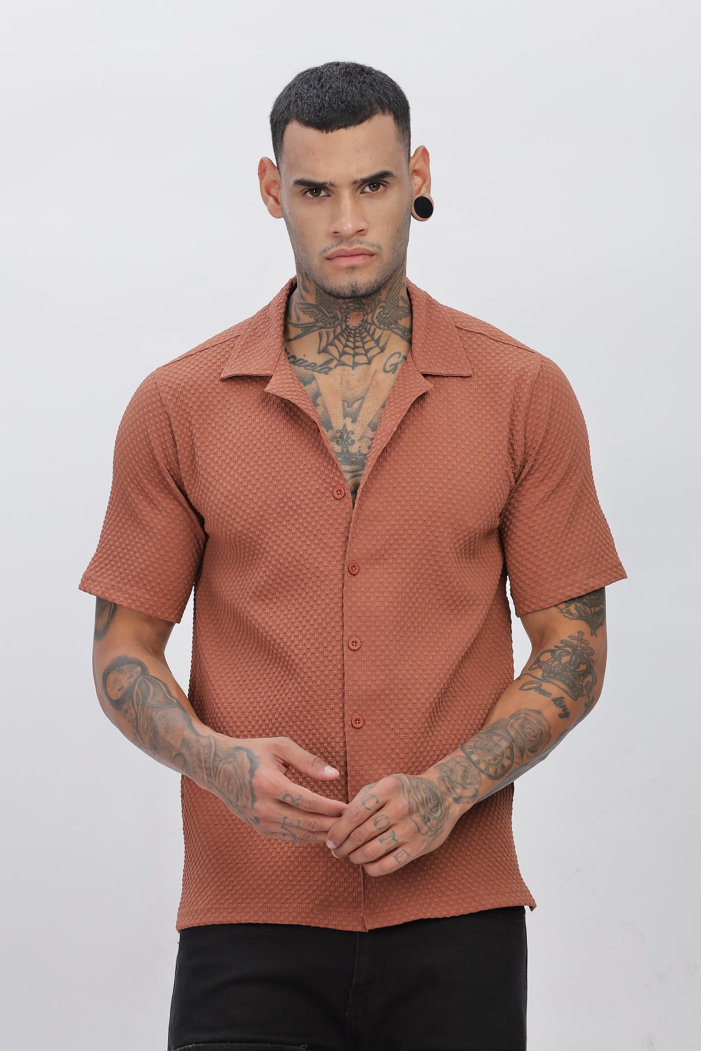 Rust Popcorn Fabric Cuban Collar Shirt