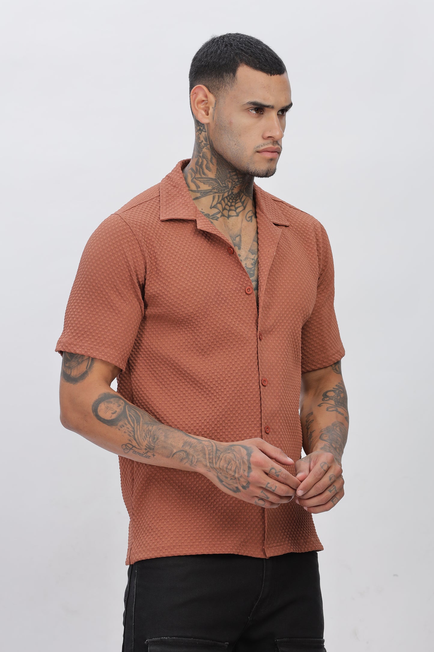 Rust Popcorn Fabric Cuban Collar Shirt